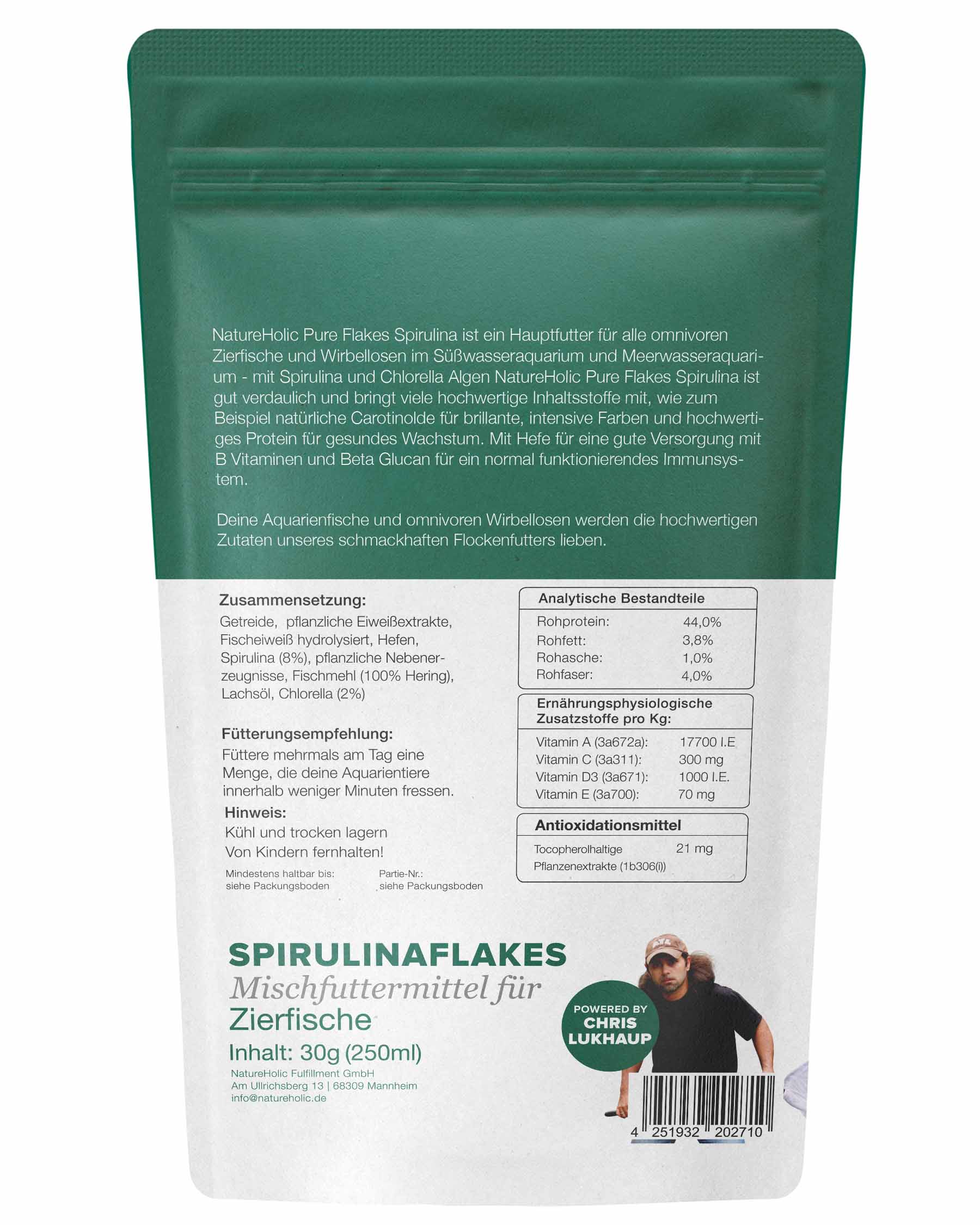 Rückseite Spirulinaflakes Fischfutter Packung 30 g
