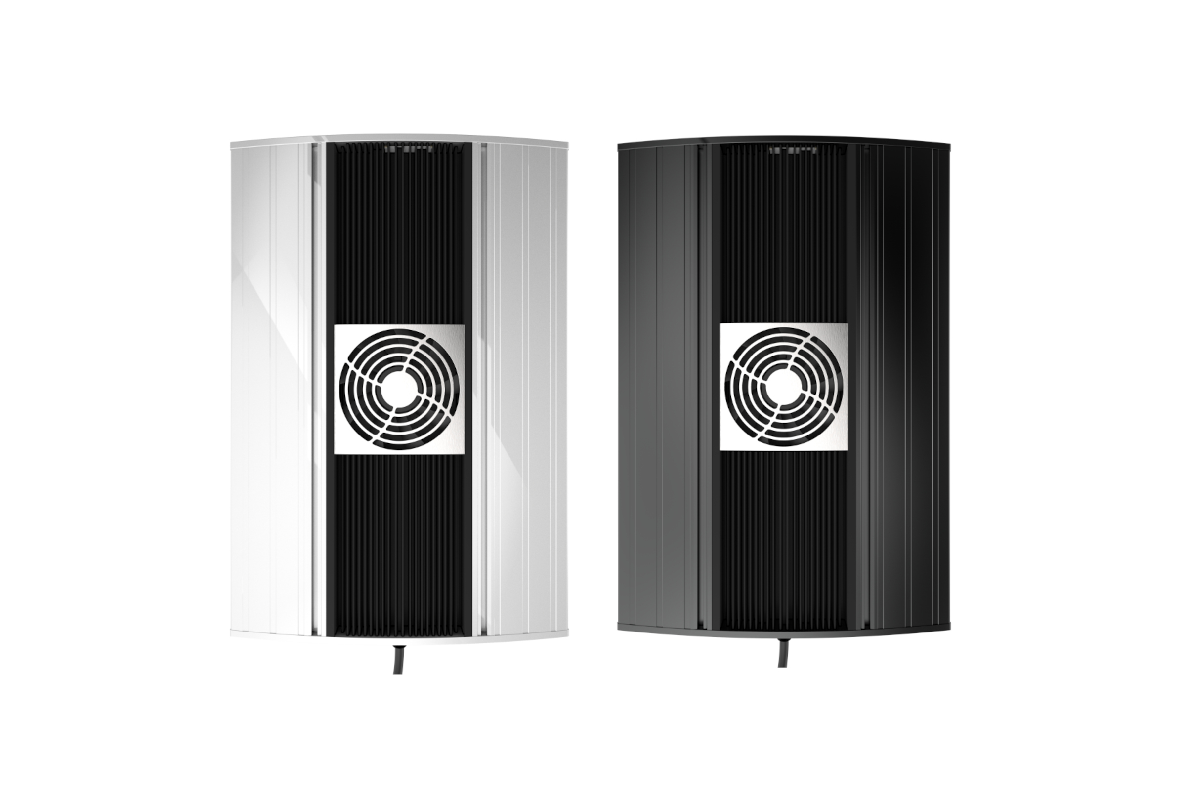 Zwei vertikale Metallgehäuse mit mittigem Lüftergitter