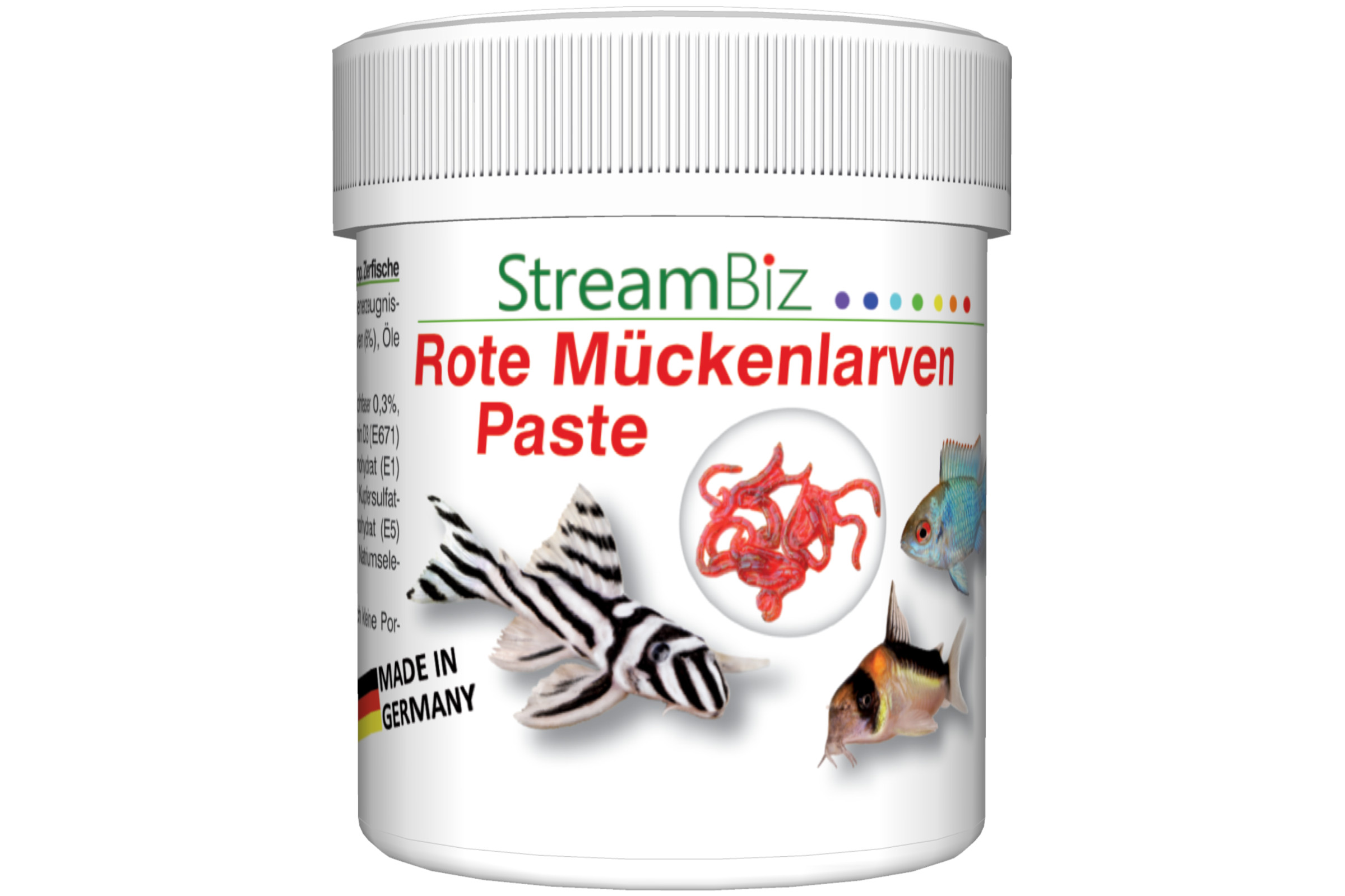 Dose StreamBiz Rote Mückenlarven Paste für Fische, weißer Behälter mit Aufschrift, Produktabbildung roter Mückenlarven und mehreren Zierfischen