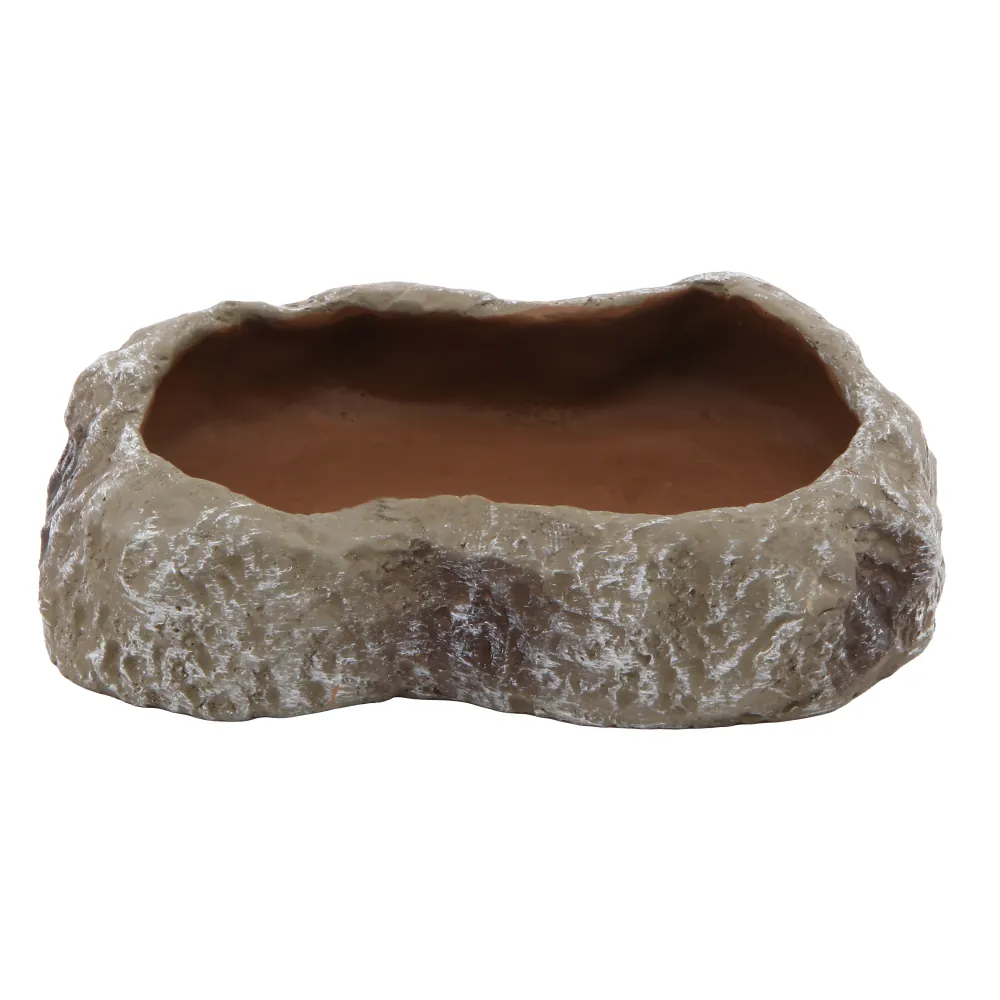Flache Wasserschale im realistischen Felsen-Design, braun-beige Kunststoff-Tränke für Reptilien, Amphibien und Terrarien