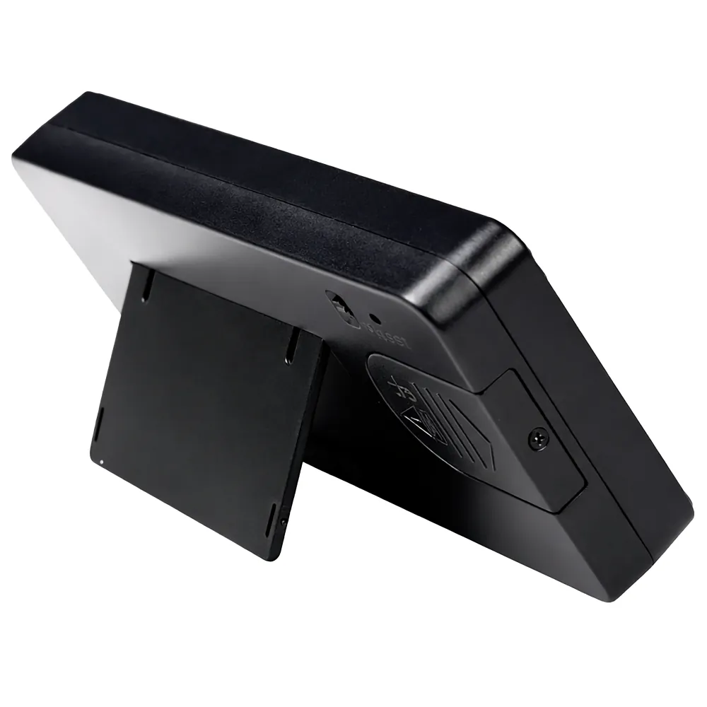Rückansicht des Hobby Biotherm Easy Control Klimacontrollers für Terrarien, schwarzes Gehäuse mit aufgeklapptem Standfuß, Anschlussfach und Bedienöffnung (Steuerung für Temperatur, Luftfeuchte und Licht)