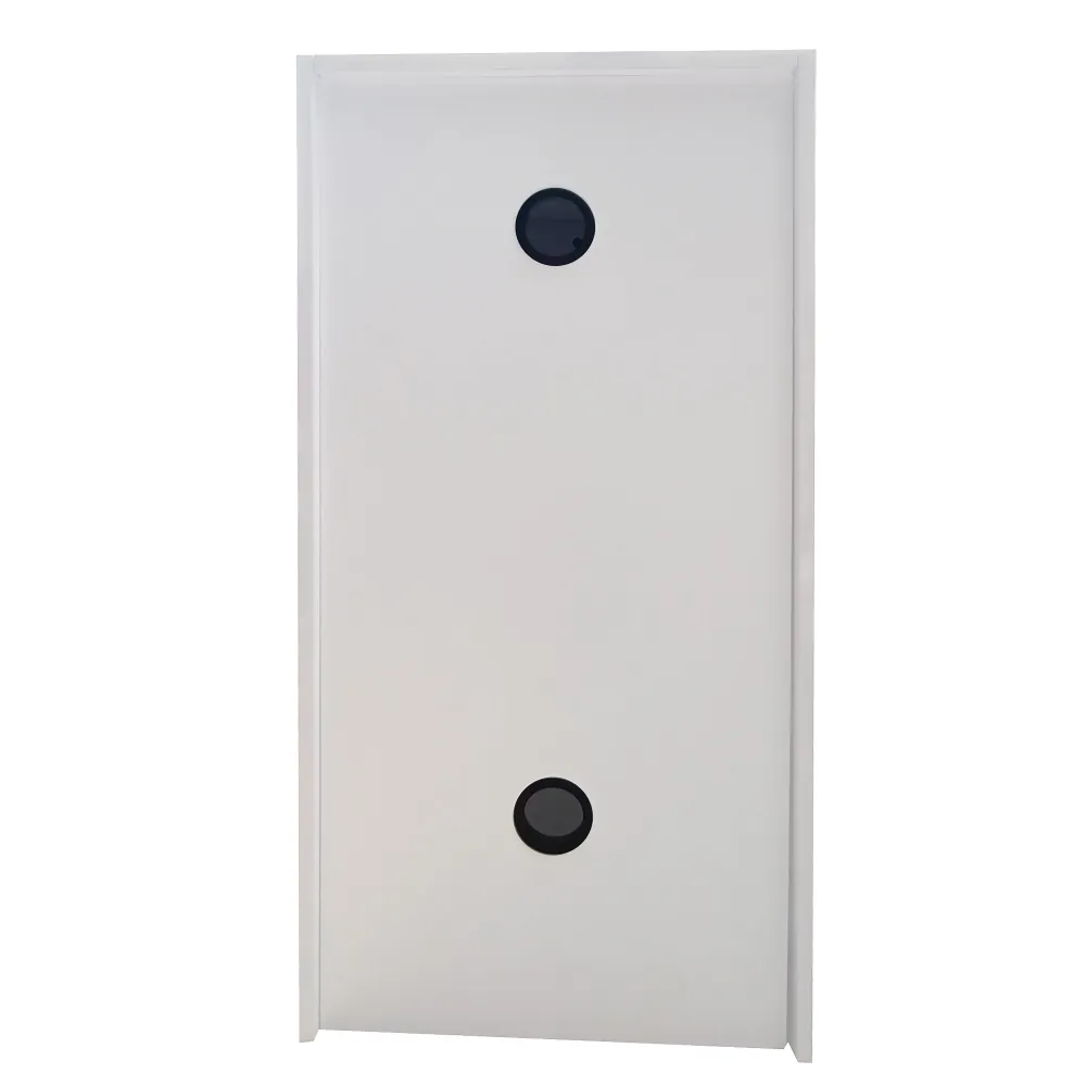 Frontansicht des Dupla Marin Cube Stand 80 white Unterschranks (45 × 45 × 90 cm) aus FSC®-Holz mit weißer Glastür und zwei schwarzen Kabeldurchführungen, bis 150 kg belastbar