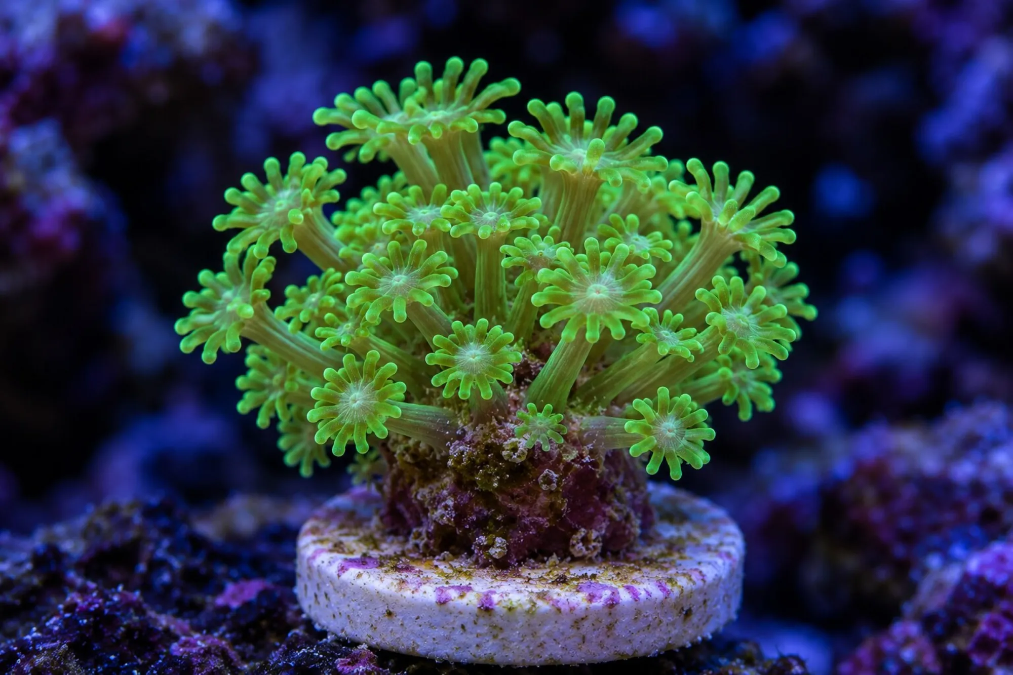 Margeritenkoralle „Neongrün“ (Nachzucht), Alveopora minuta, Größe S–M