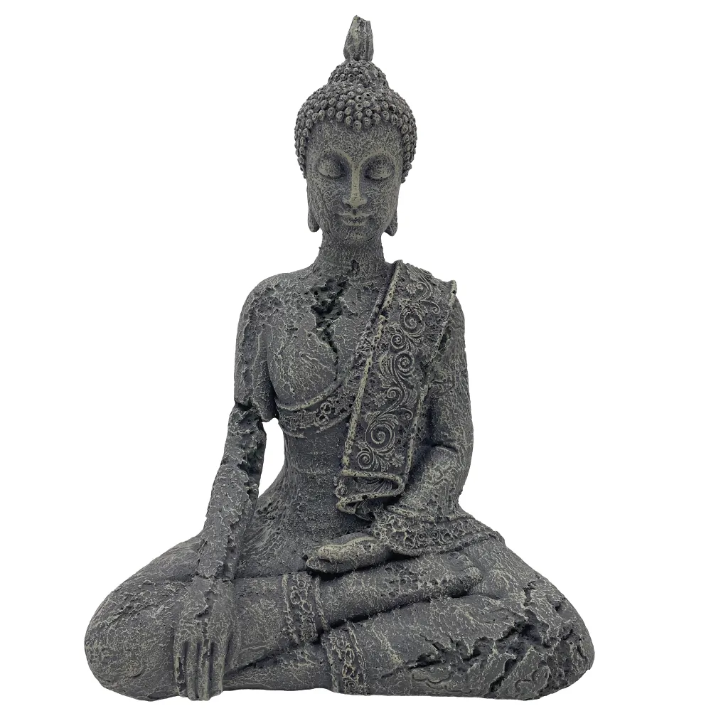 Hobby Nirva Aquarium-Deko: Zen-Tempelfigur im sitzenden Lotossitz, patinierter Stein-Look aus wasserneutralem Polyresin, 15,5 x 10 x 20,5 cm, geeignet für Süßwasseraquarien