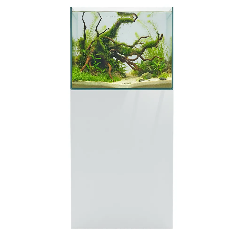 Dupla Marin Cube Stand 80 white: weißer Aquarium-Unterschrank aus FSC®-Holz (45×45×90 cm) mit weißer Glasfront, belastbar bis 150 kg, Cube-Aquarium auf dem Schrank platziert