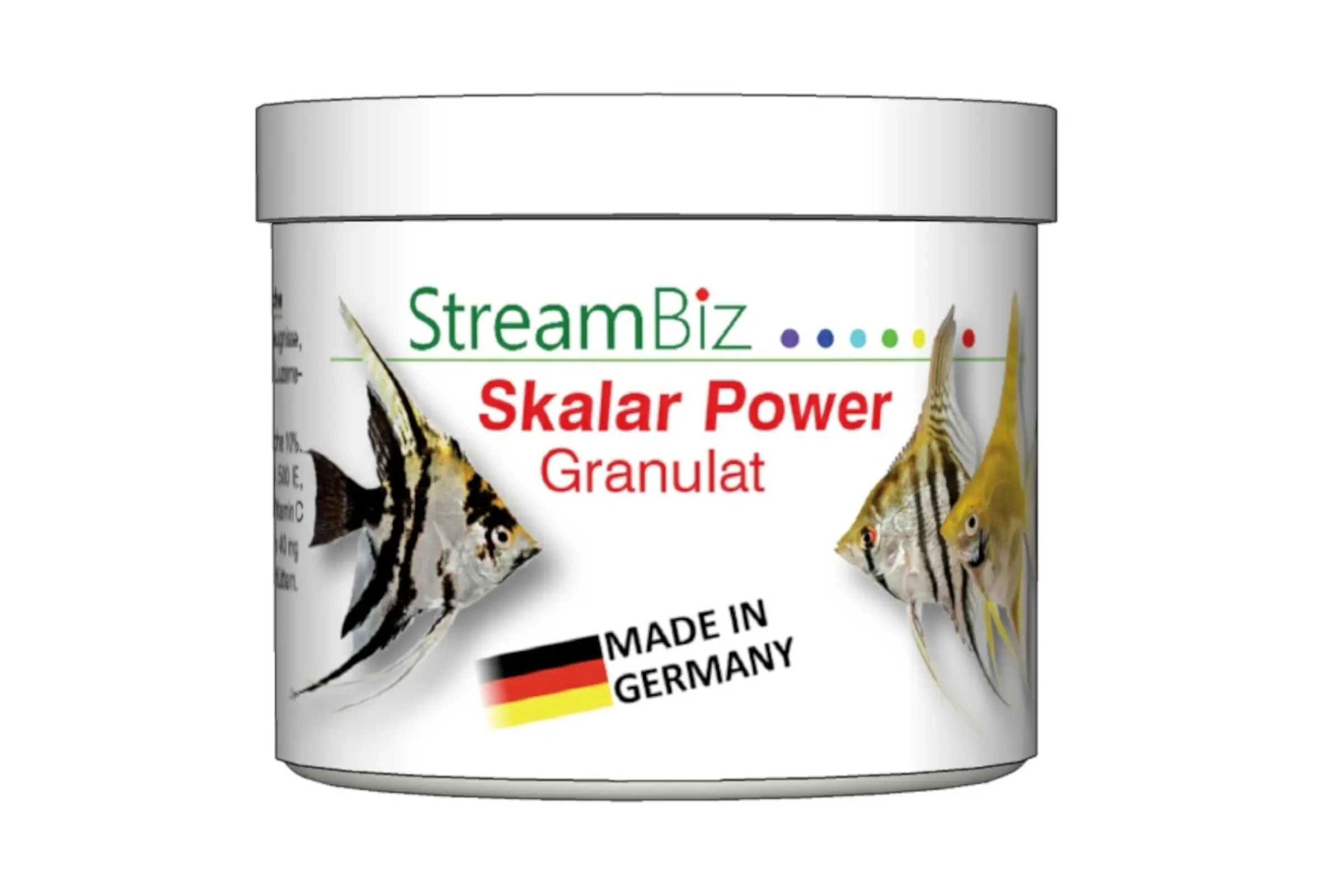 Dose StreamBiz Skalar Power Granulat Fischfutter mit Abbildung von Scalaren (Angelfischen) und „Made in Germany“-Aufdruck