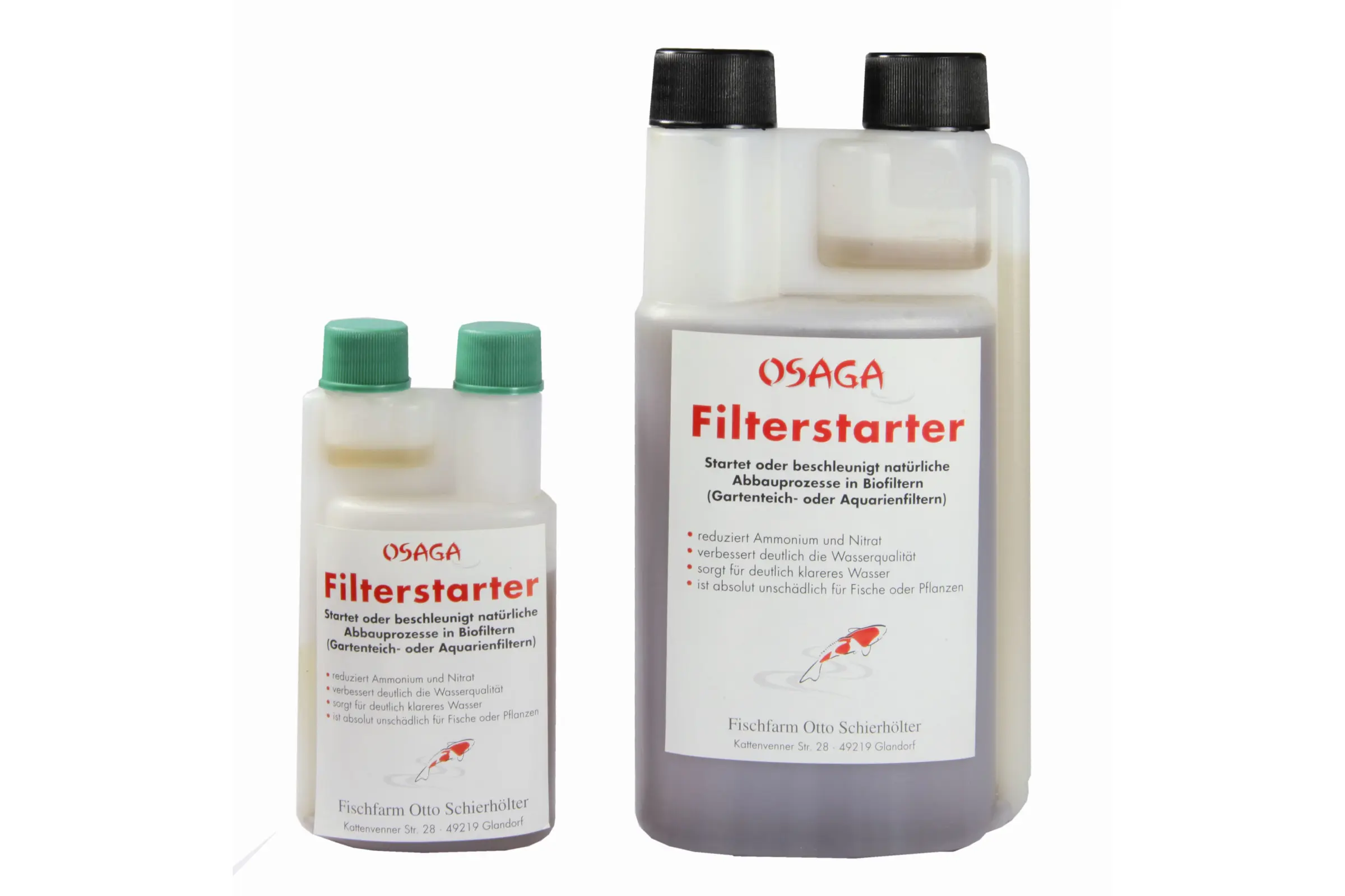 Zwei Flaschen Osaga Filterstarter, Kunststoffbehälter mit grünen und schwarzen Verschlüssen zur Ansiedlung von Filterbakterien in Gartenteichen und Aquarien