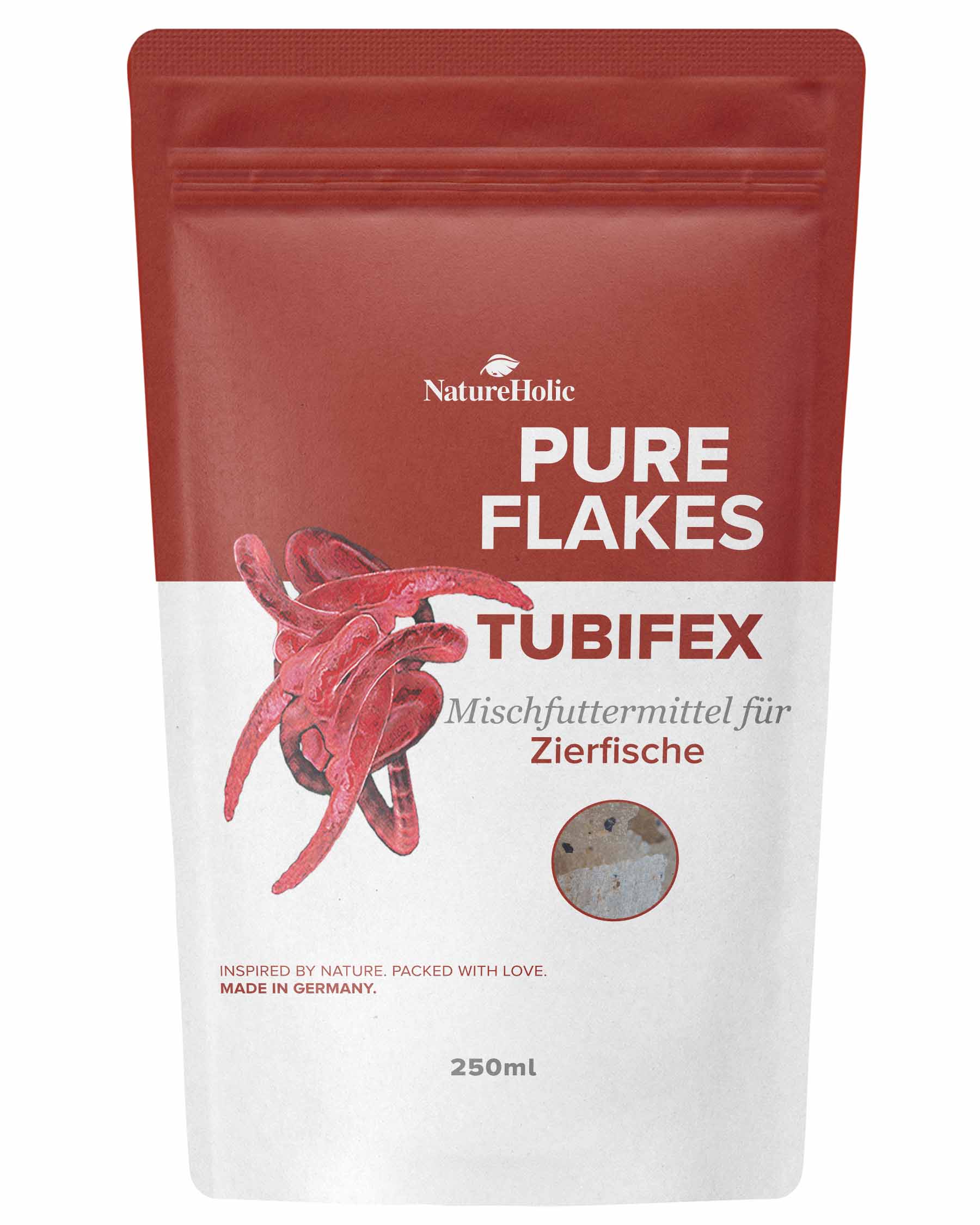 Packung NatureHolic Pure Flakes Tubifex Fischfutter, Mischfuttermittel für Zierfische, rotes Design, 250 ml