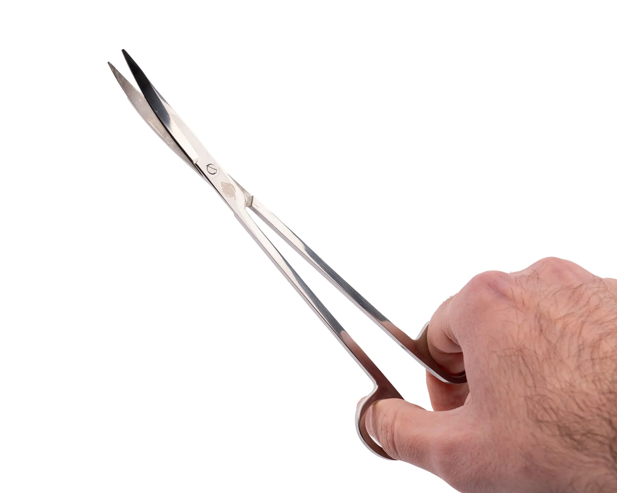 Hand hält lange Edelstahlschere vor weißem Hintergrund