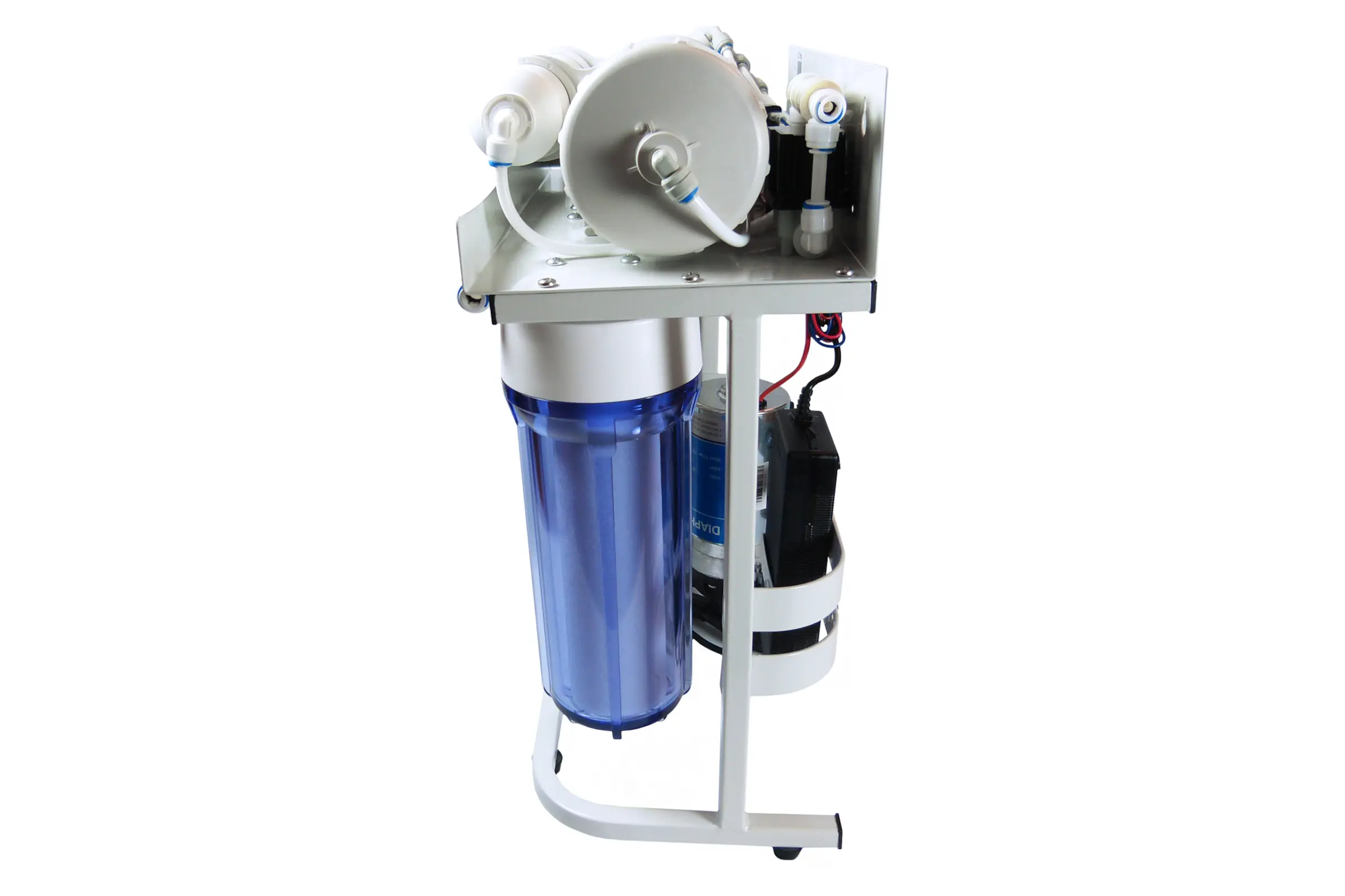 Titan 500 GPD Osmoseanlage, Seitenansicht mit Vorfilter, Membrangehäuse und Pumpe – leistungsstarke Umkehrosmose für Aquarien, 1:1 Abwasserverhältnis, alle Teile einzeln tauschbar