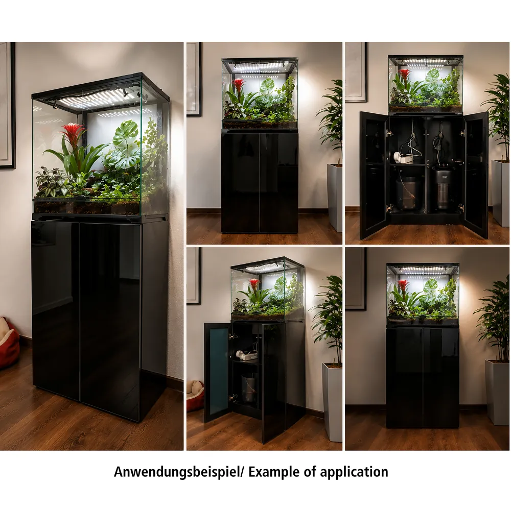 Hobby Terra Fix & Easy Stand 60 black: schwarzer Terrarien-Unterschrank (60×45×90 cm) aus FSC®-Holz, glänzende Schwarzglas-Tür, bis 200 kg belastbar, mit Regalboden und Kabeldurchführungen – Anwendungsbeispiel mit eingerichtetem Terrarium