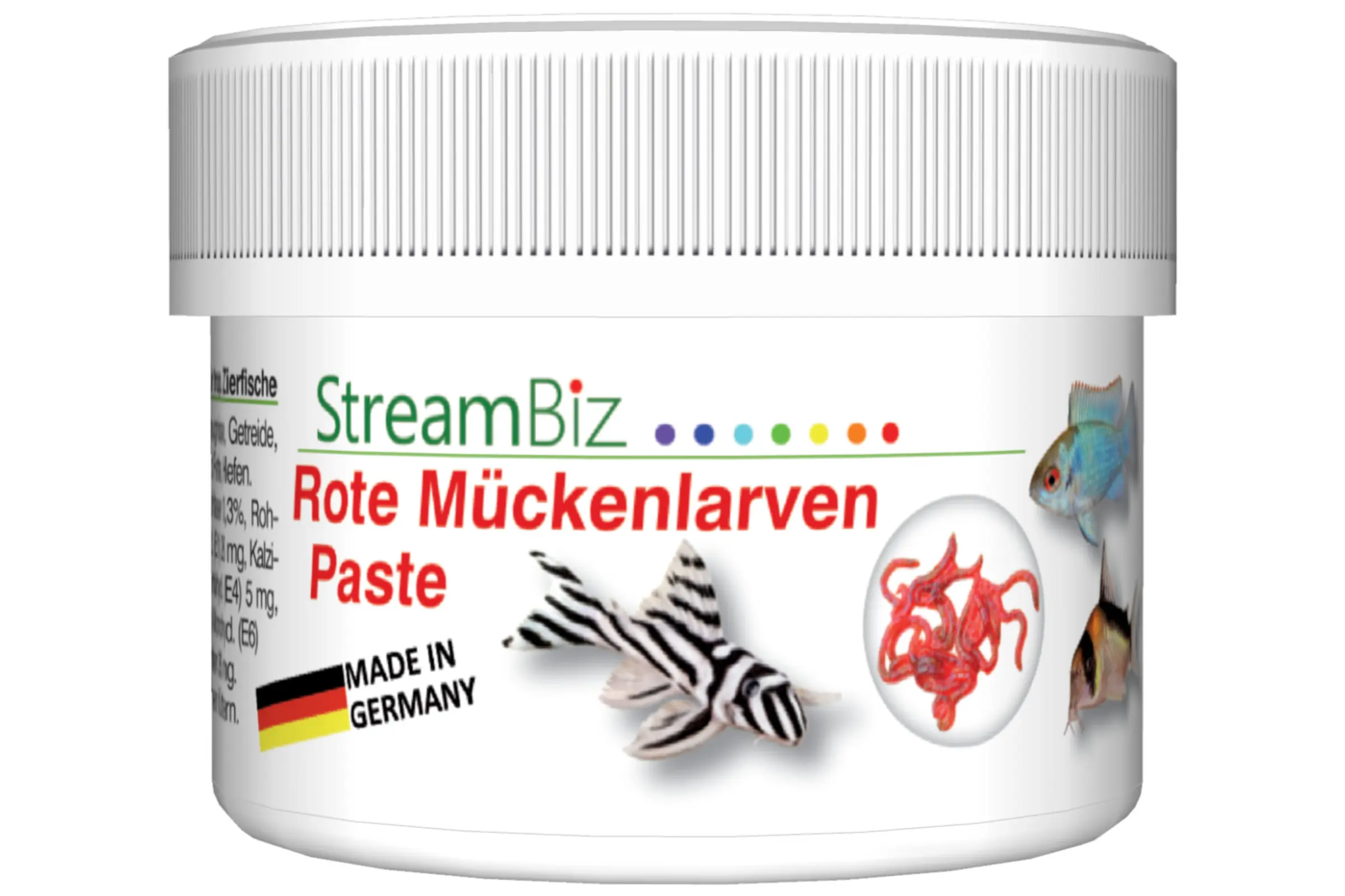 StreamBiz Rote Mückenlarven Paste – weiße Dose mit Label, roter Mückenlarven-Paste für Zierfische; energiereiches Premiumfutter zur Förderung von Vitalität und Farbenpracht, Made in Germany, erhältlich in 2 Größen