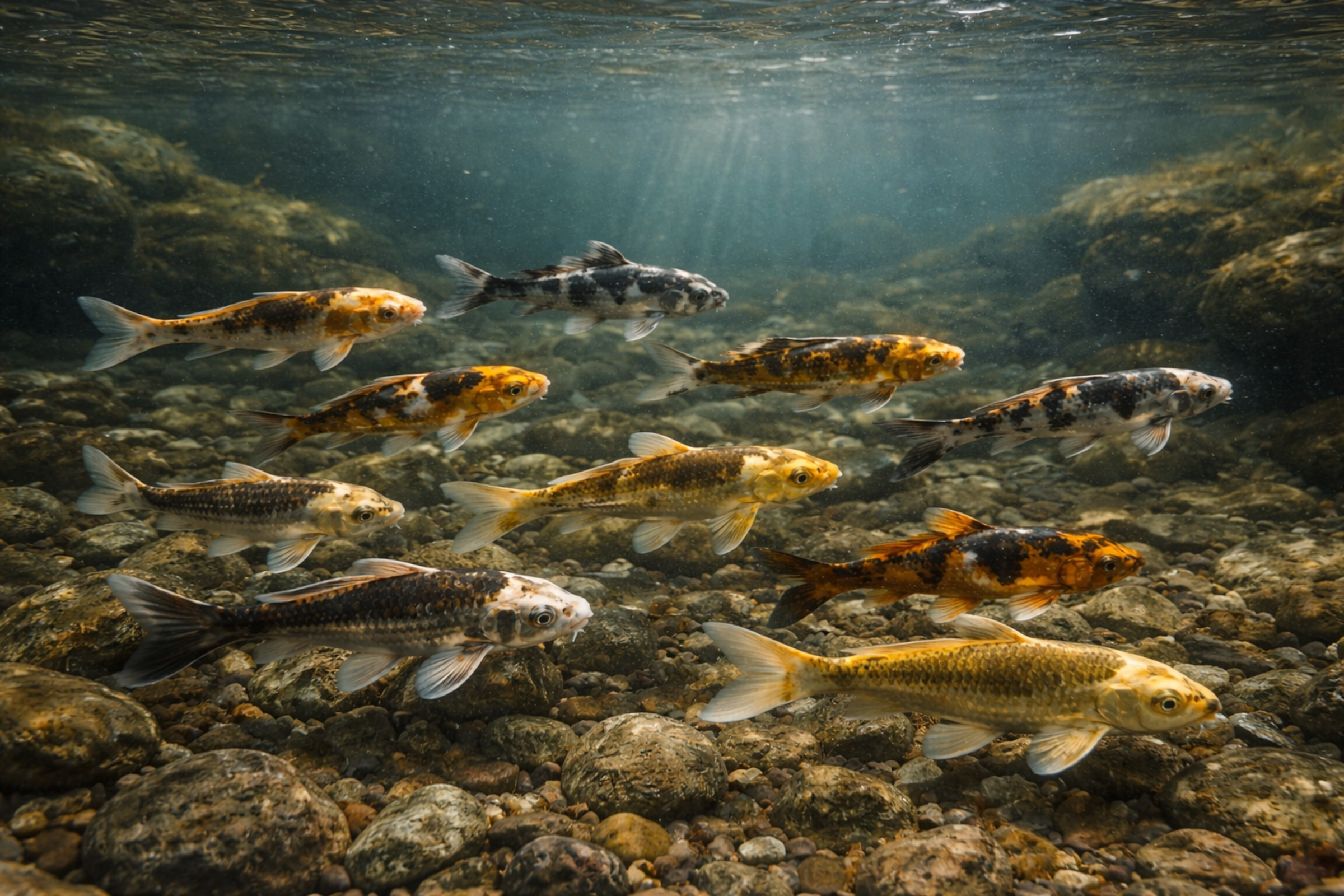 Ghost-Koi Farbmix, Cyprinus carpio, Jungfische 6–9 cm mit variierenden metallic-Farben, dunklen Schleiern und individuellen Zeichnungen; robuste Hybrid-Koi, ideal für größere Teiche