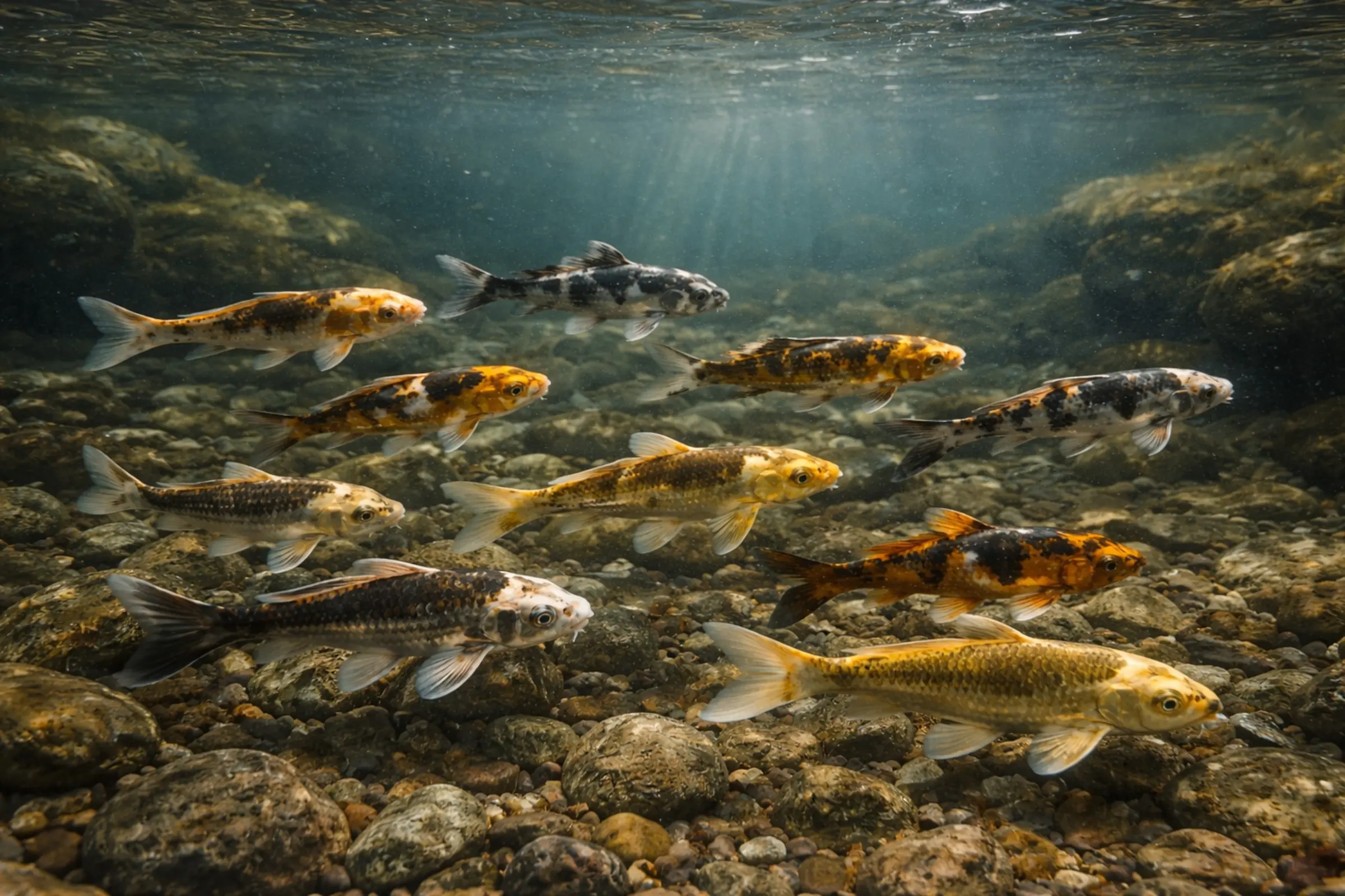 Ghost-Koi Farbmix, Cyprinus carpio, Jungfische 6–9 cm mit variierenden metallic-Farben, dunklen Schleiern und individuellen Zeichnungen; robuste Hybrid-Koi, ideal für größere Teiche