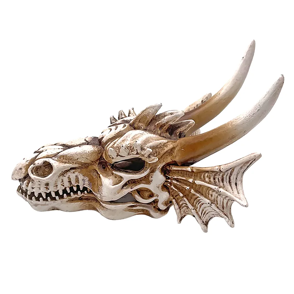 Detailaufnahme einer dekorativen Drachen-Schädel-Figur aus Resin in antik-weiß/bronze mit gebogenen Hörnern, Flossen und sichtbaren Zähnen