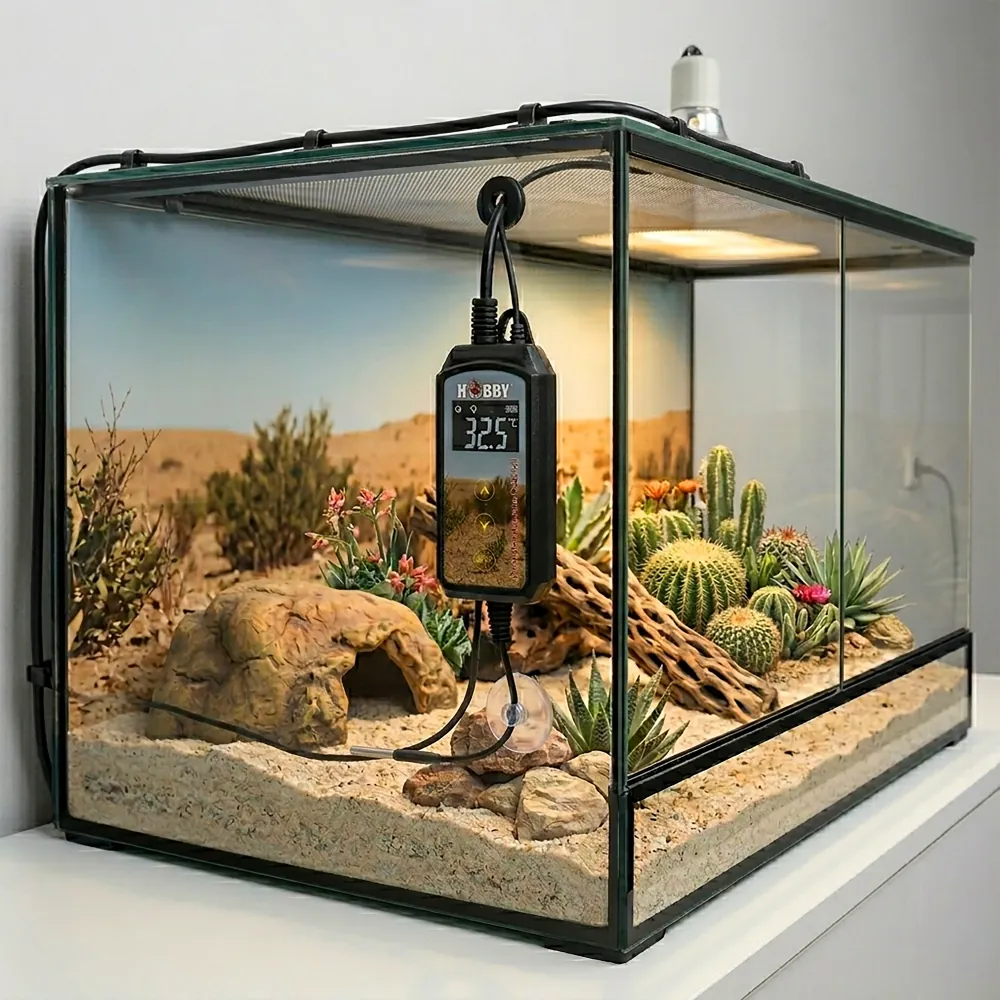 Hobby Biotherm Thermo Control digitales Terrarium-Thermostat an Terrariumscheibe montiert, Display 32,5 °C, Kabel und Saugnapf sichtbar, intelligente Temperaturregelung für konstante Bedingungen im Terrarium