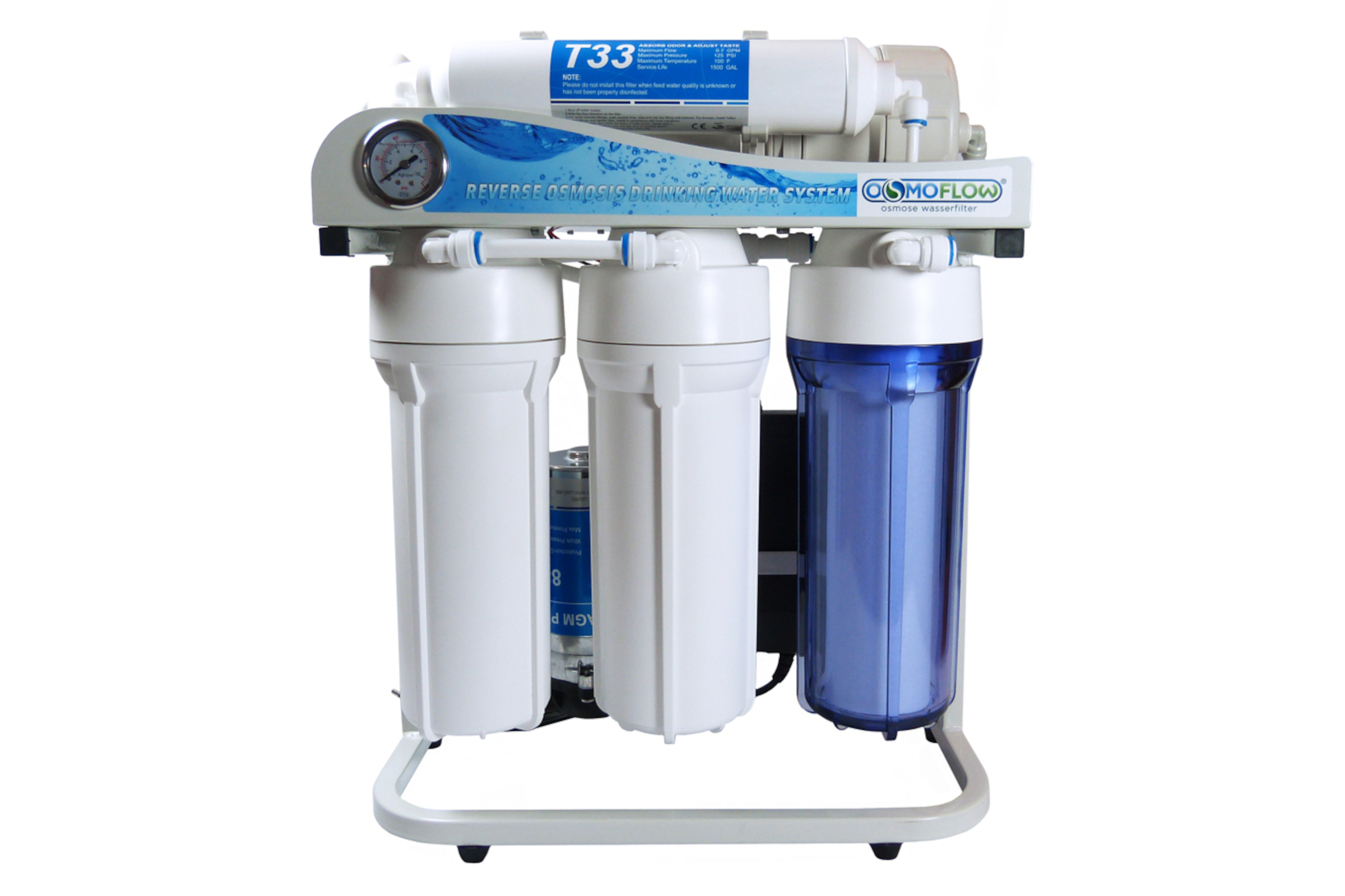 Frontansicht Titan 500 GPD Osmoseanlage mit drei Vorfiltern, durchsichtiger Filterhülse, Manometer und Side-Stream-Membrane; hohe Leistung, 1:1 Abwasserverhältnis, ideal für Aquarien