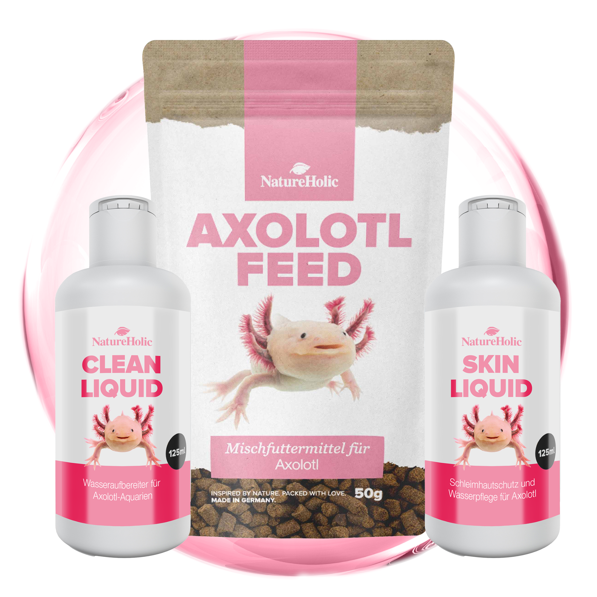 NatureHolic Axolotl Pflege-Set, Wasserpflege, Schleimhautschutz & Spezialfutter