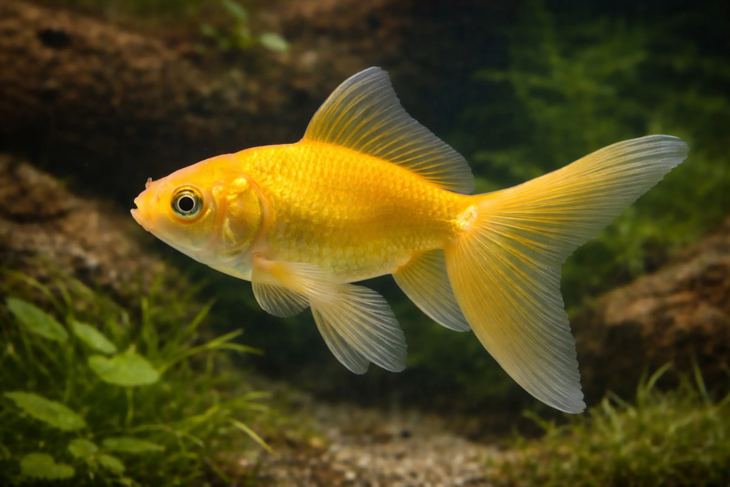 Gelber Schleierschwanz (Carassius auratus), Zuchtform des Goldfischs, 6–8 cm, mit langen fließenden Flossen; Nahaufnahme eines gelben Schleierschwanzes im Aquarium, geeignet für Teiche ab 1000 l