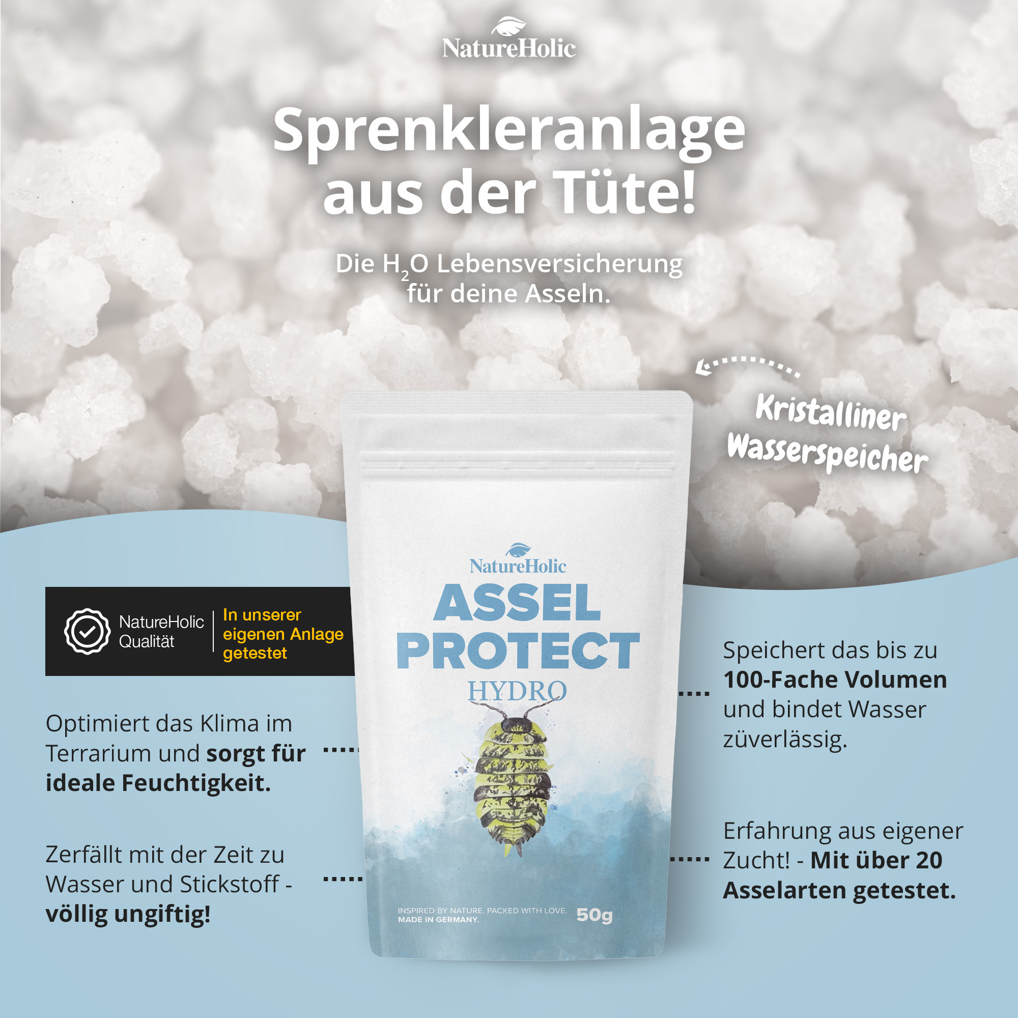 Packung Assel Protect Hydro vor weißem Kristallgranulat