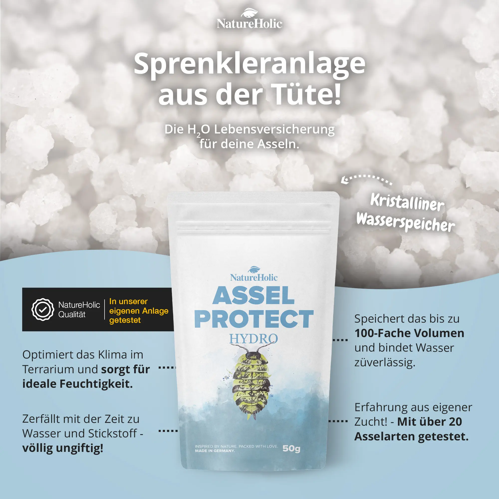 Packung Assel Protect Hydro vor weißem Kristallgranulat