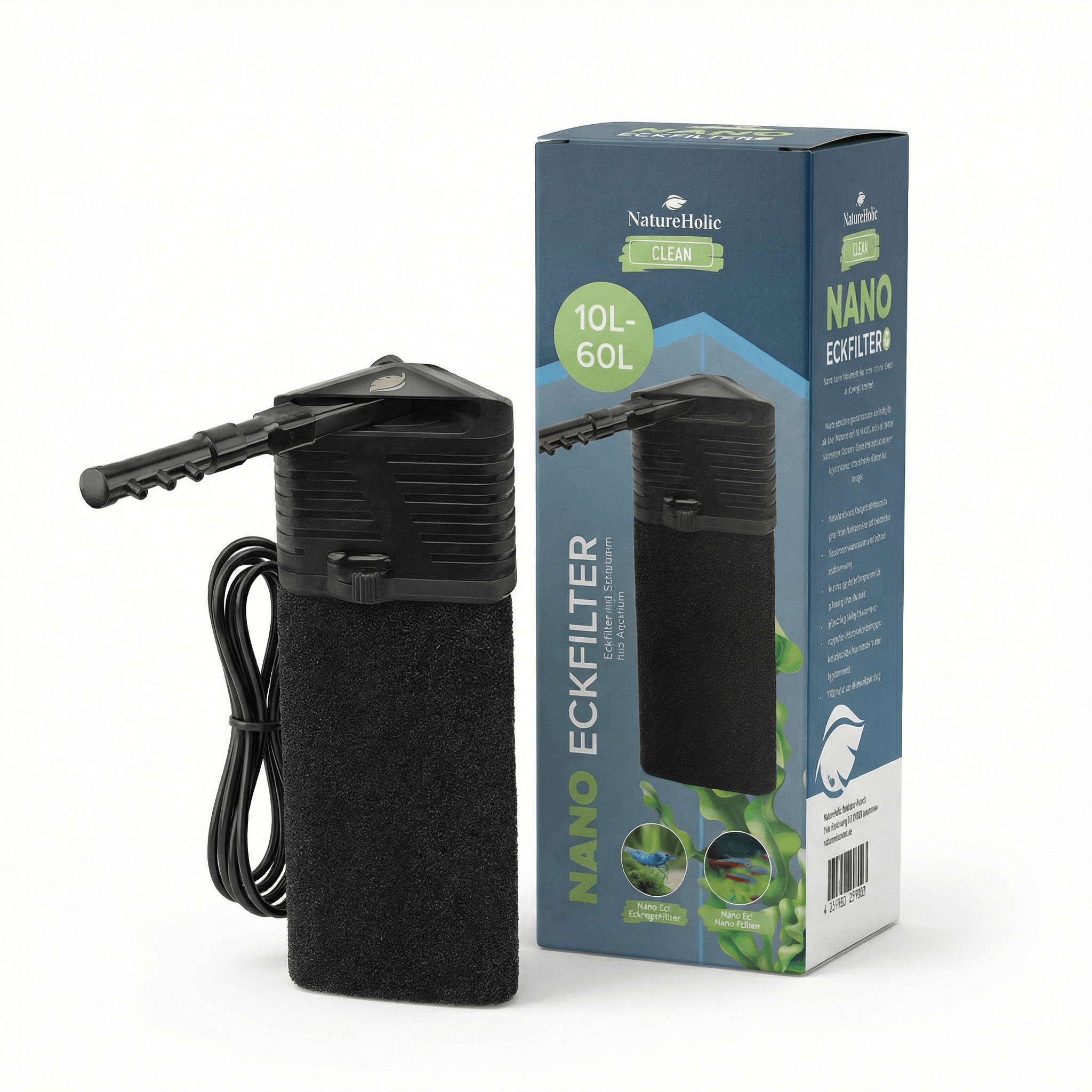 NatureHolic Nano Eckfilter für Aquarium mit schwarzem Schwammfilter und Ausströmer, geeignet für 10–60 L Aquarien