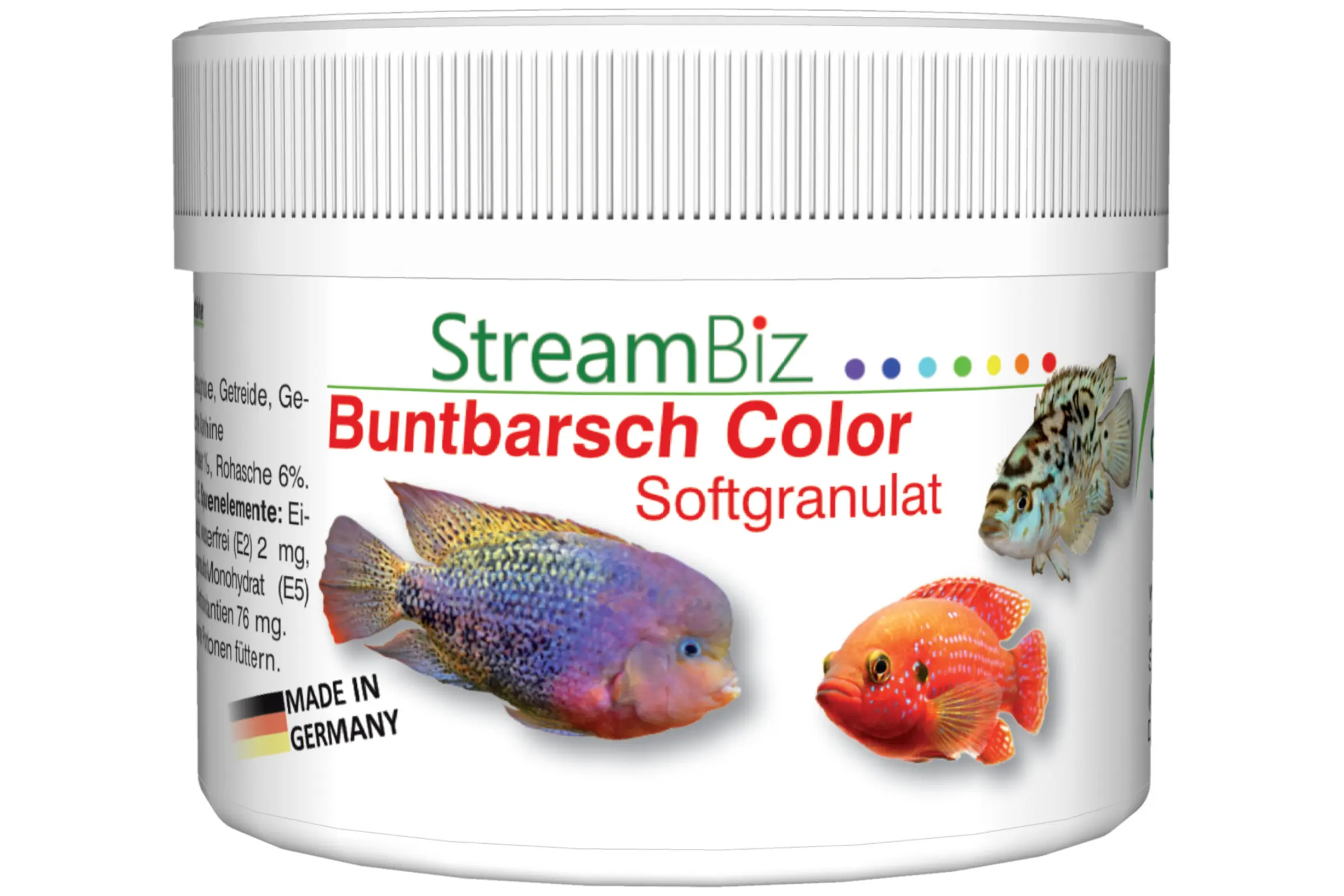 Produktbild: Dose StreamBiz Buntbarsch Color Softgranulat mit bunten Cichliden auf dem Etikett – weiches, gut verdauliches Farbgranulat mit 2 % Spirulina, in 80 g oder 230 g erhältlich, Made in Germany