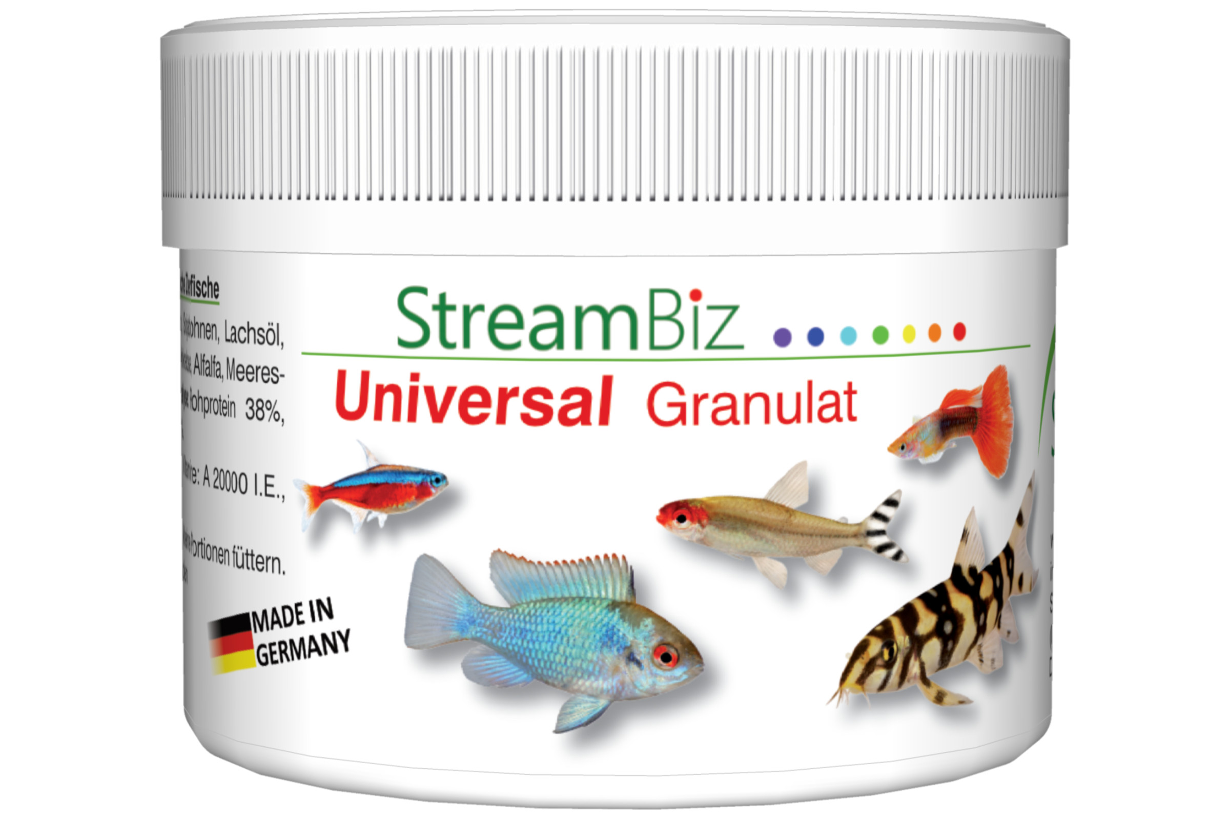 StreamBiz Universal Granulat Fischfutter in weißer Kunststoffdose mit Abbildungen bunter Zierfische, Aufschrift 'Made in Germany'