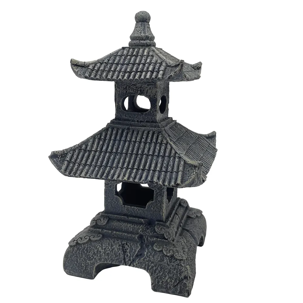 Hobby Senso Temple Aquarium-Deko (11 × 11 × 19 cm): asiatischer Polyresin-Tempel mit gestuften Dächern, Moosoptik und Öffnungen als Versteck für Fische und Garnelen