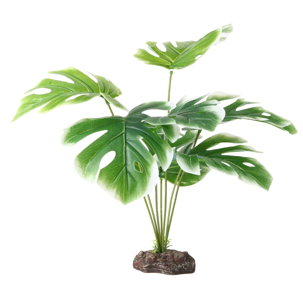 Künstliche Monstera-Aquariumpflanze mit mehreren geteilten Blättern und braunem Sockel, dekorative Aquarienpflanze