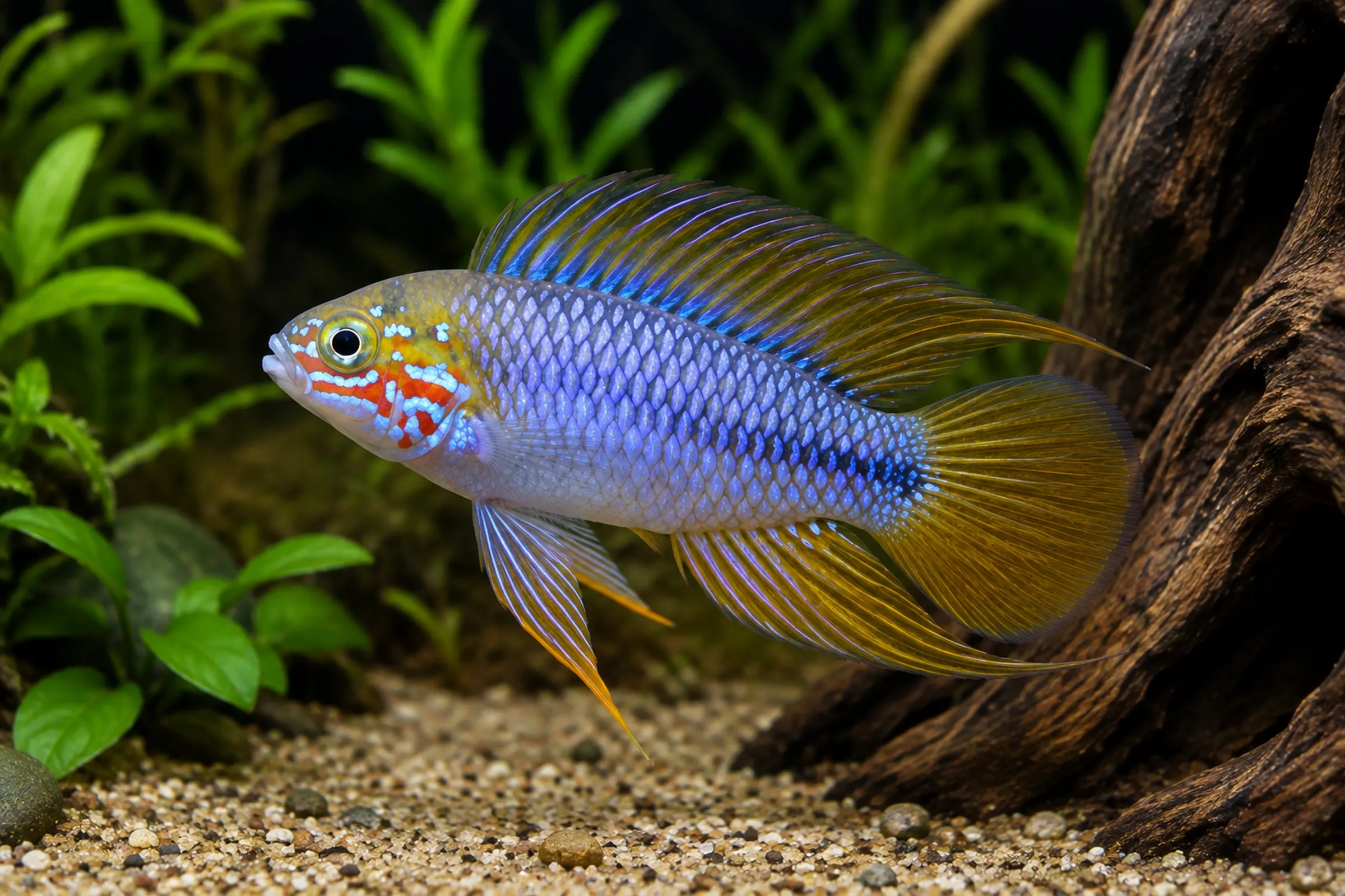 Nahaufnahme eines Opal-Apistogramma (Apistogramma borelli "Opal") mit blau-violetten Schuppen und goldenen Flossen im bepflanzten Aquarium; geeignet für Gesellschaftsbecken ab 60 l, weich-mittelhartes Wasser, pH 6,0–7,5, 22–30 °C