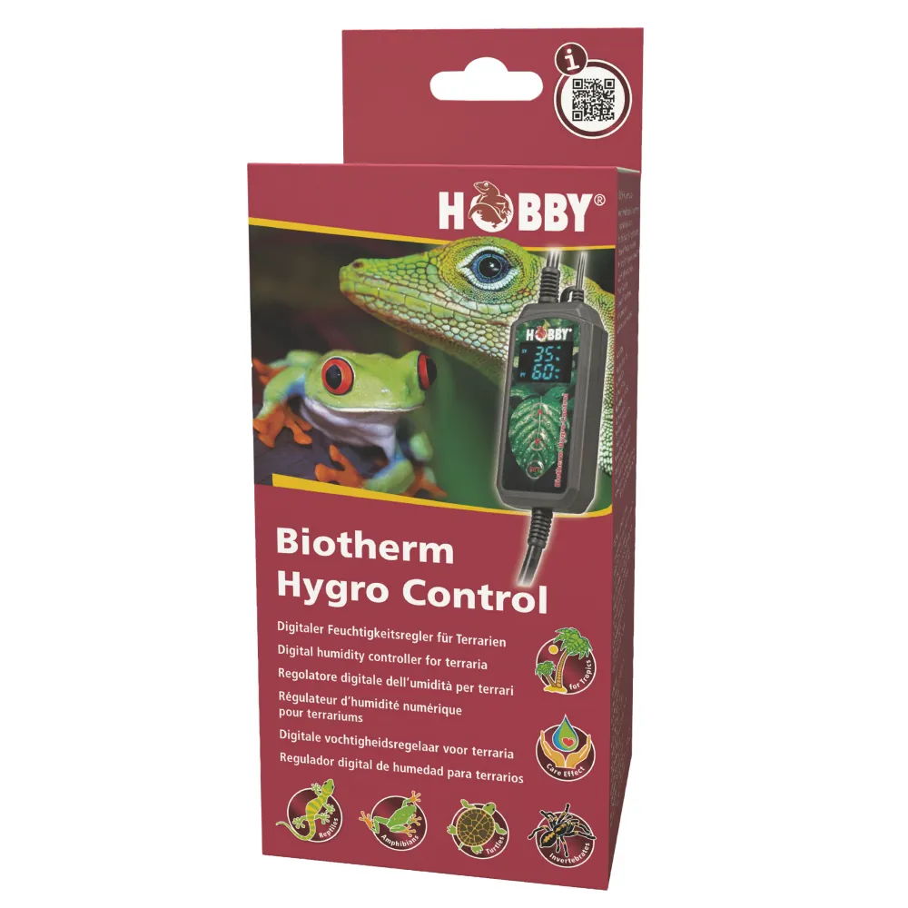 Packshot der Verpackung von Hobby Biotherm Hygro Control mit sichtbarem digitalem Hygrostat, LCD-Display und Sensorkabel neben Rotaugenfrosch und Echse – digitaler Feuchtigkeitsregler für Regenwald- und Feuchtterrarien