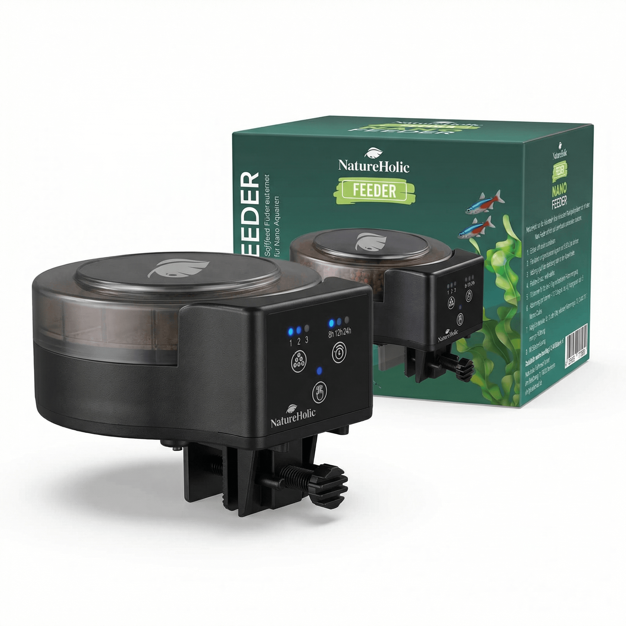 Nahaufnahme eines schwarzen NatureHolic automatischen Aquarium-Futterspenders mit transparentem Futterbehälter, Bedienfeld und Verpackung im Hintergrund