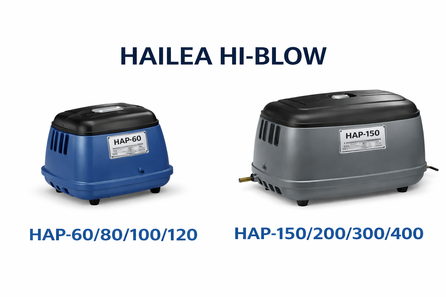 Produktbild: Hailea HI-BLOW Membrankompressoren HAP in zwei Baugrößen (HAP-60 blau links, HAP-150 grau rechts). Leise Membrankompressoren für Teichbelüftung, Ringleitungen, Luftheber und mehrere Ausgänge. Hersteller: Hailea.