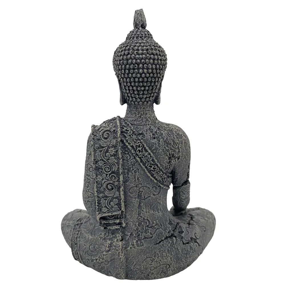 Hobby Nirva Tempelfigur (Rückansicht) als Aquarium-Deko im Zen-Stil, sitzende Buddha-ähnliche Figur mit feiner Oberflächenzeichnung und bewitterter Patina, 15,5 x 10 x 20,5 cm, wasserneutral für Süßwasseraquarien