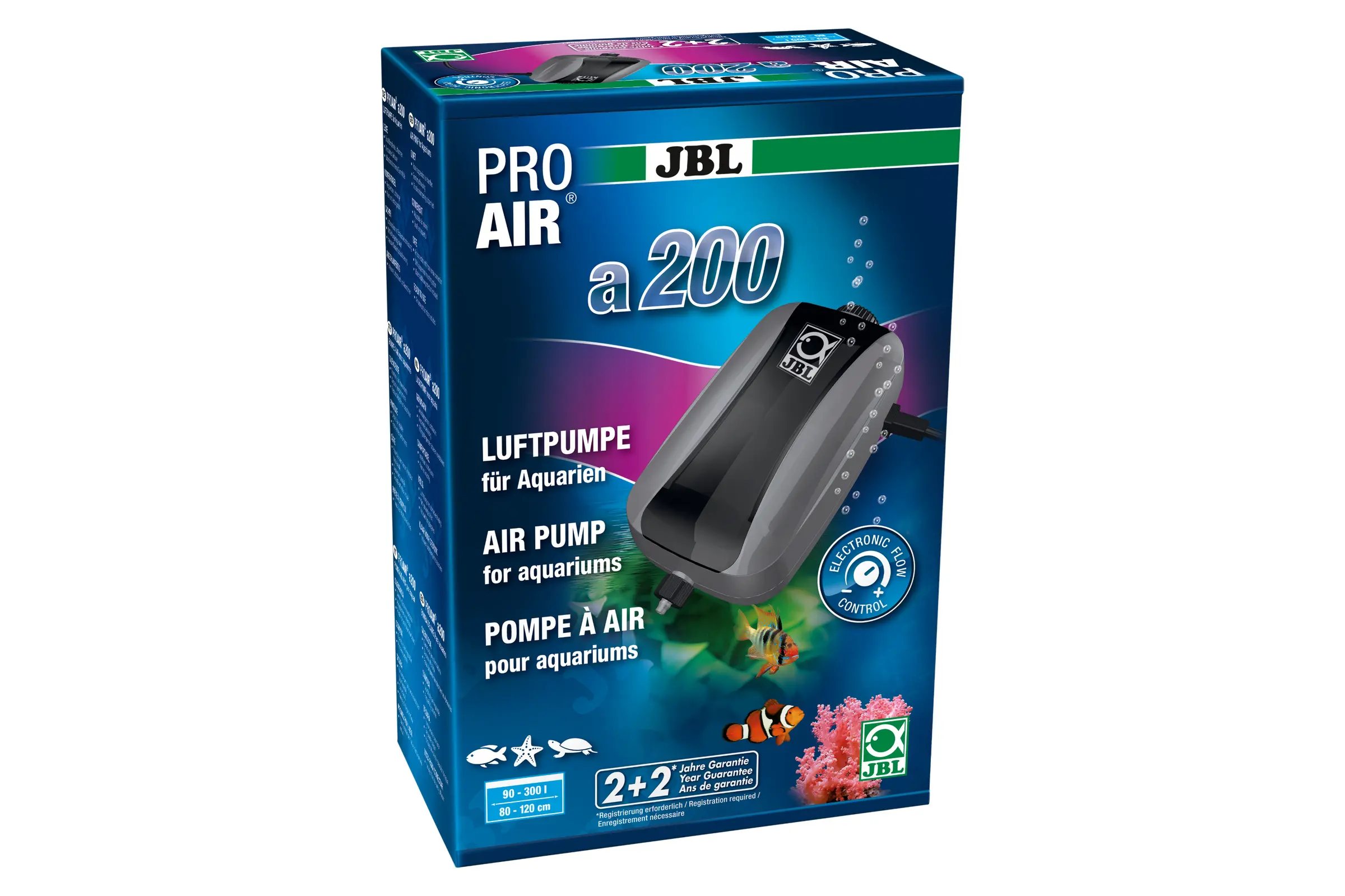 Produktverpackung: JBL ProAir a200 Luftpumpe für Aquarien mit Abbildung der Pumpe, JBL-Logo, Hinweis auf Electronic Flow Control und 2+2 Garantie