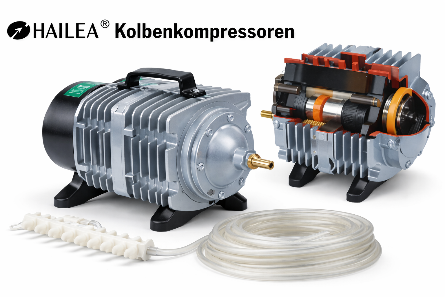 Hailea Kolbenkompressor ACO (6 Varianten), ölfreier Luftkompressor für Teichbelüftung, Koihaltung und Hälterung, robuste Ausführung mit Luftschlauch und Ausströmer, kräftige Dauerleistung für hohe Sauerstoffzufuhr