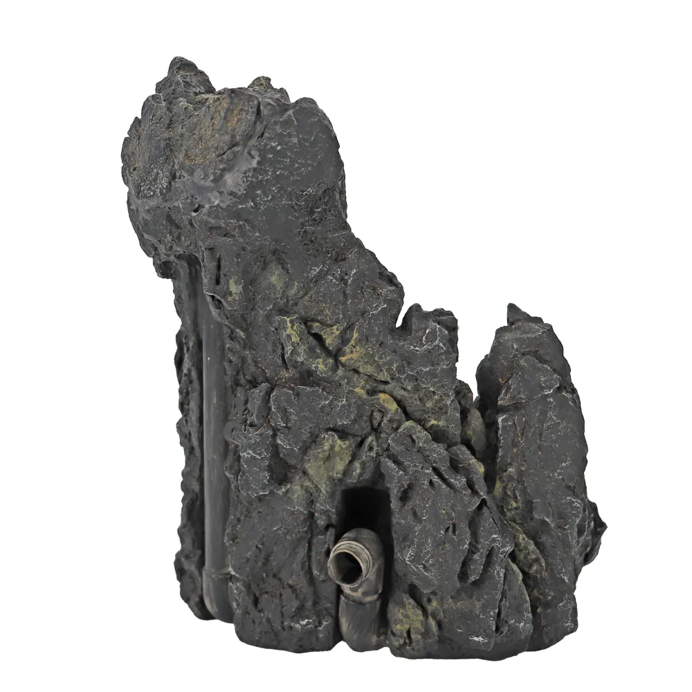 Realistischer schwarzer Aquarienfelsen mit Höhle, Versteck und integriertem Rohr/Outlet für Filter oder Schlauch, dekorative Landschaftsattrappe
