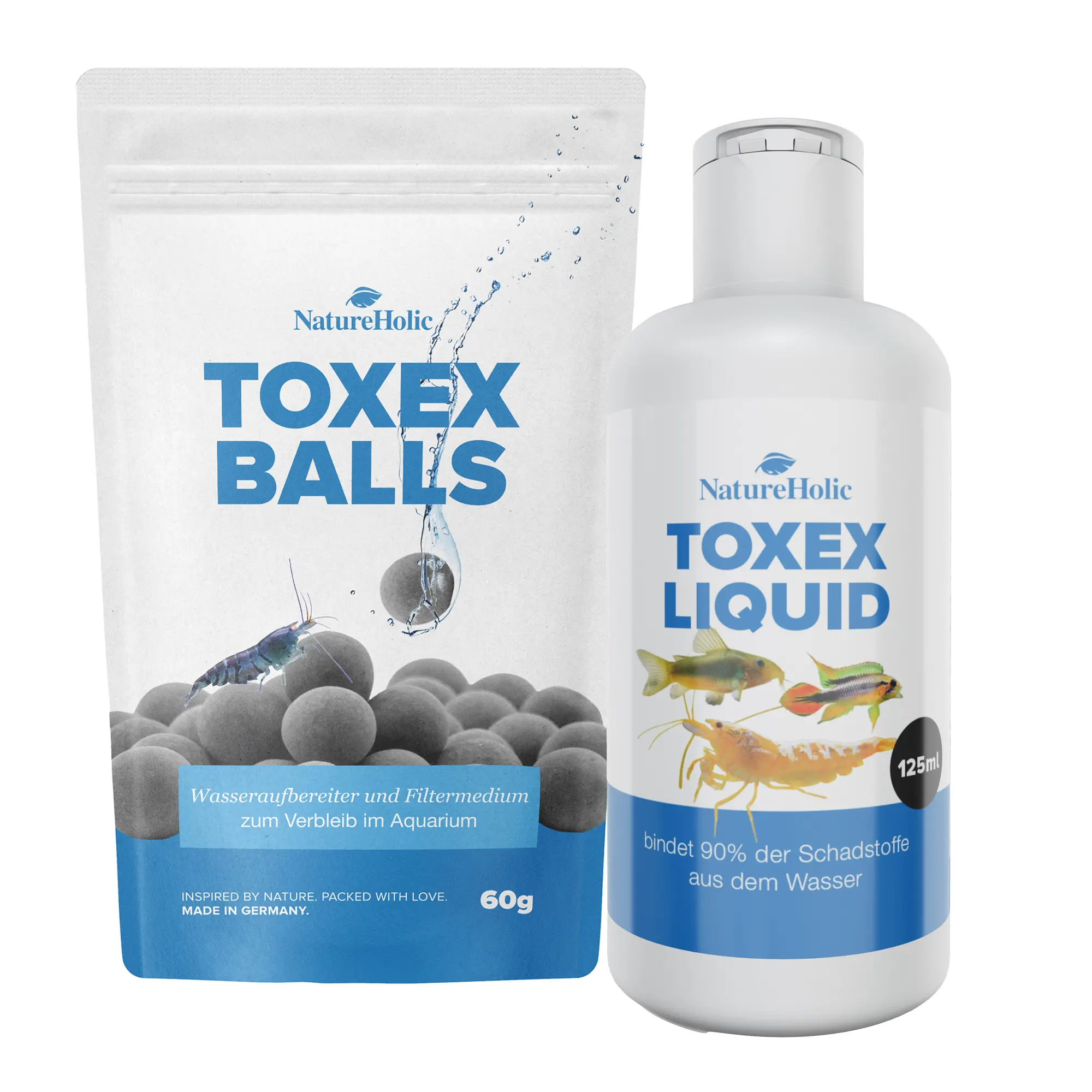 Verpackung: TOXEX BALLS und TOXEX LIQUID Aquarienpflege