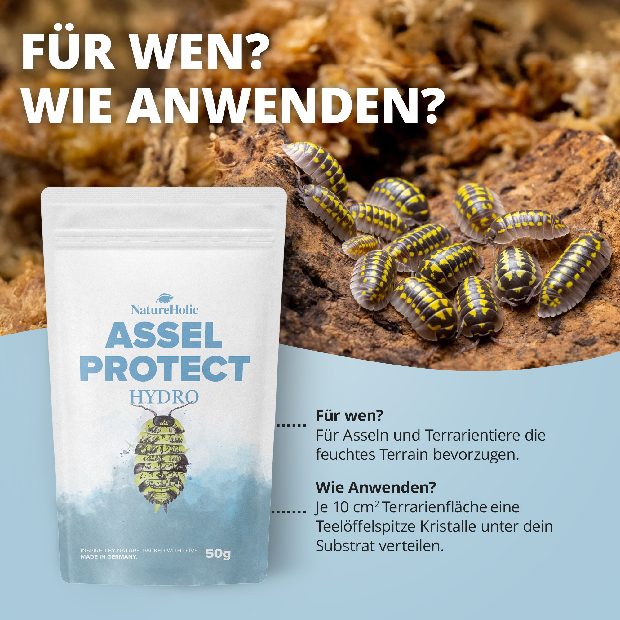 Assel Protect Hydro Produktbeutel neben Asseln