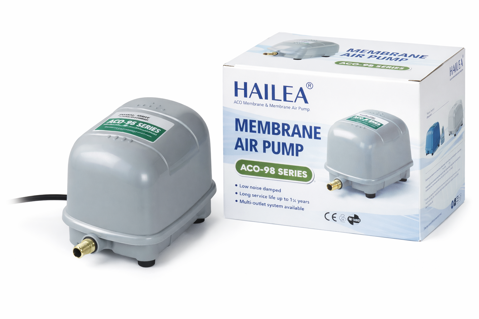 Hailea ACO-98 Membrankompressor in lichtgrauem Kunststoffgehäuse neben Produktverpackung; kompakter, preiswerter Membrankompressor für Teichbelüftung, Luftsteine und ruhigen Dauerbetrieb, Alternative zur ACO-97-Serie