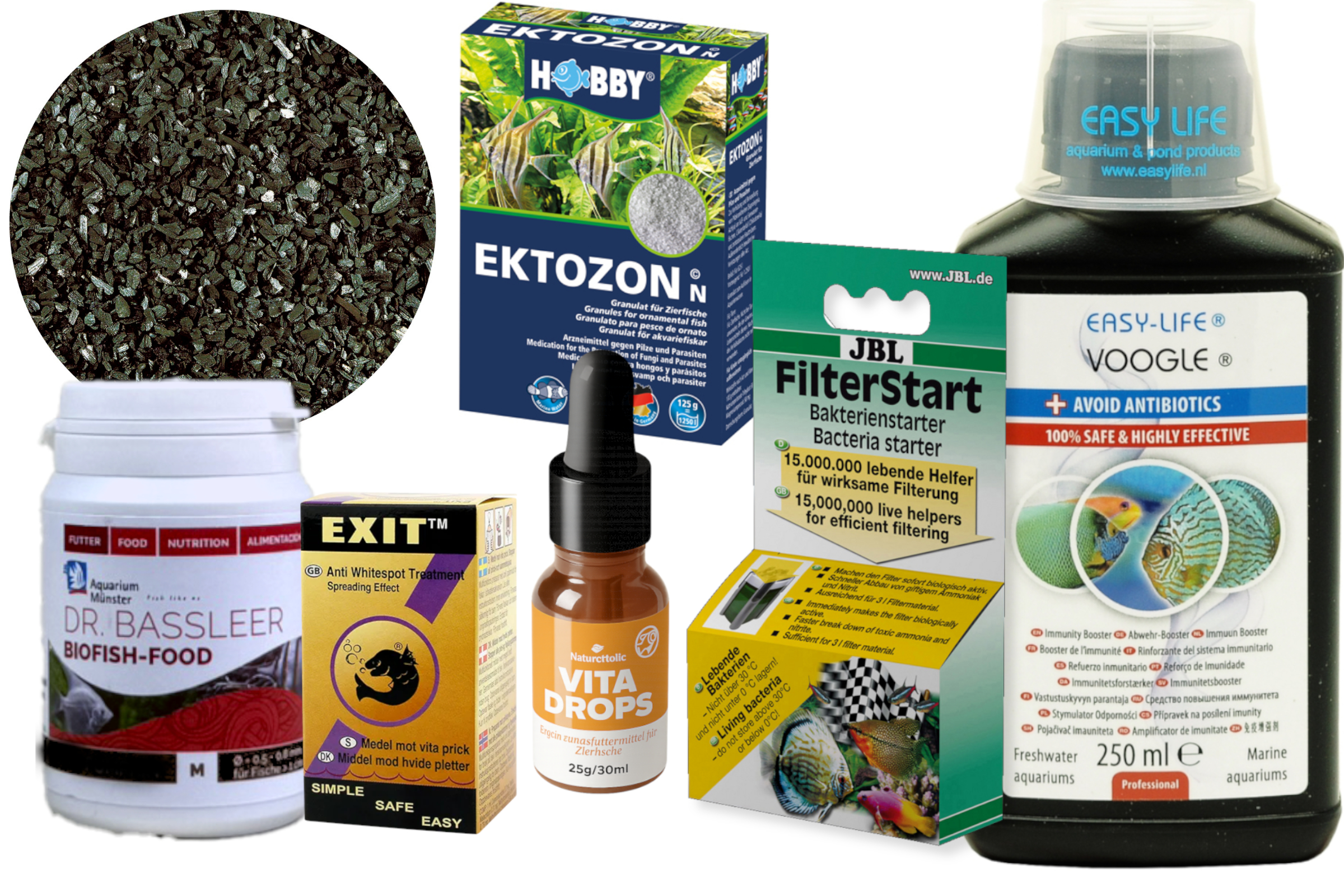 Verschiedene Aquarienpflege-Produkte inklusive Aktivkohle