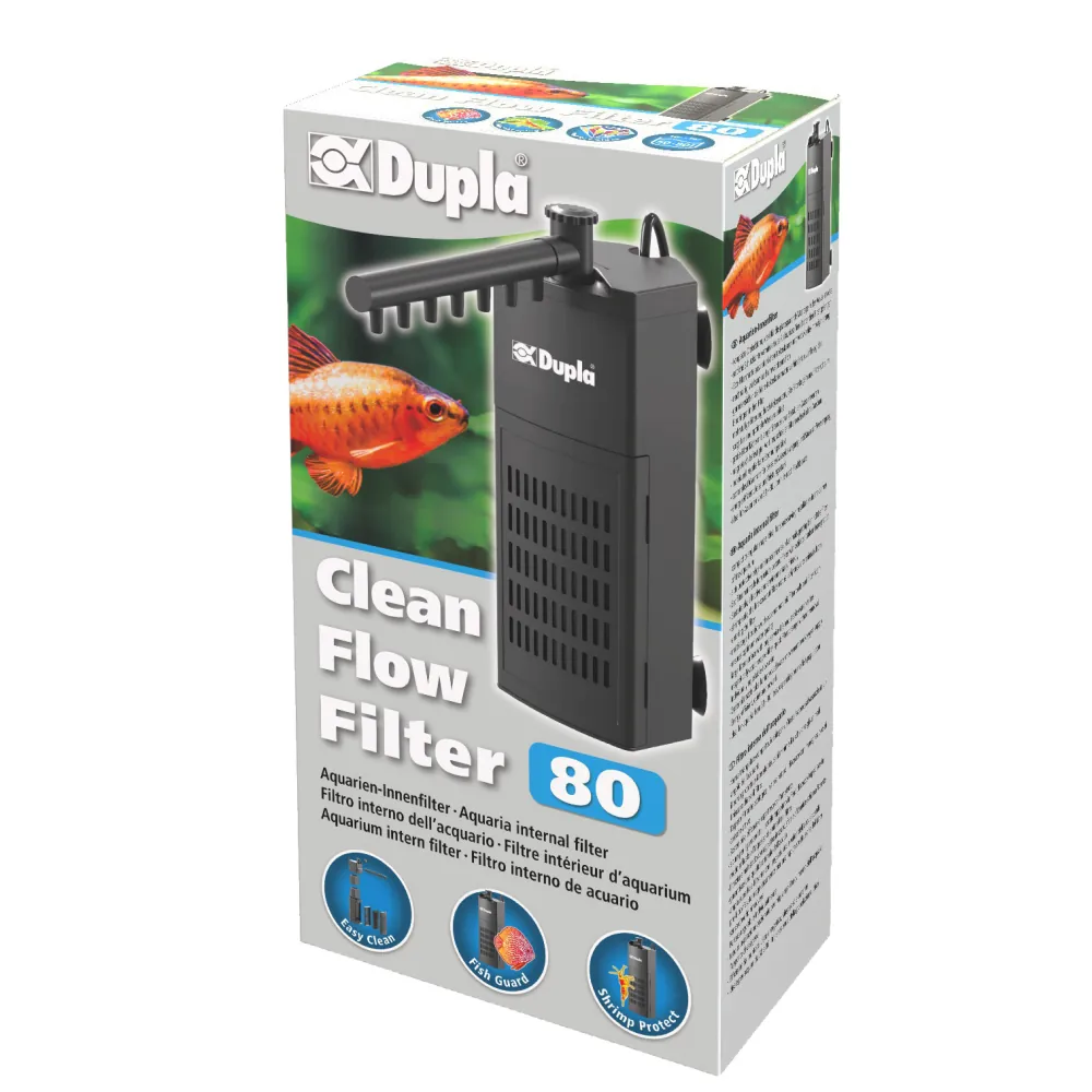 Produktverpackung des Dupla Clean Flow Filter 80: schwarzer dreieckiger Aquarium-Innenfilter mit Ausströmer, für Aquarien 50–80 l, 310 l/h, energiesparend und garnelensicher