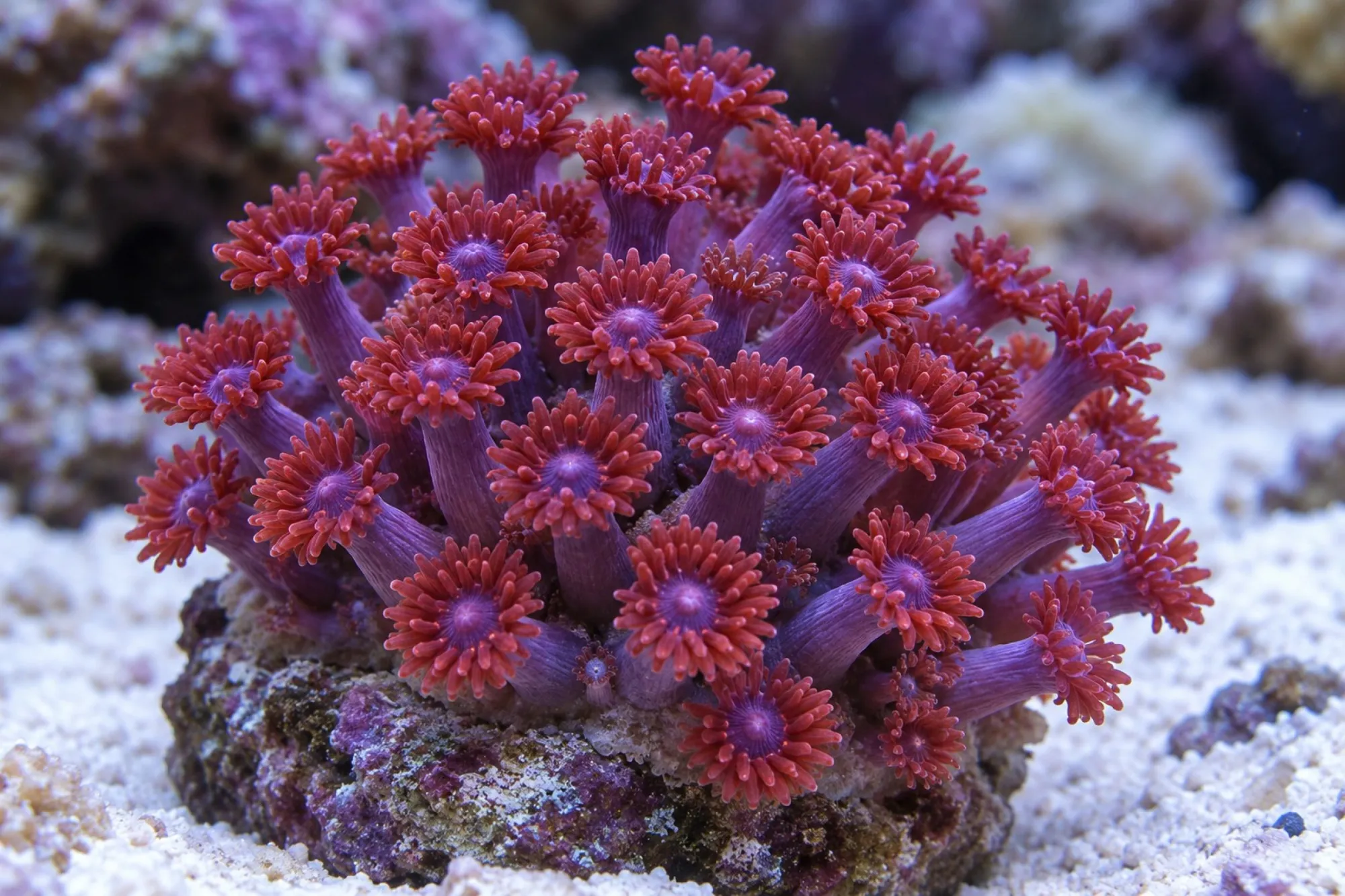 Margeritenkoralle „Lila/Rot“ (Nachzucht), Goniopora spec., Größe S–M