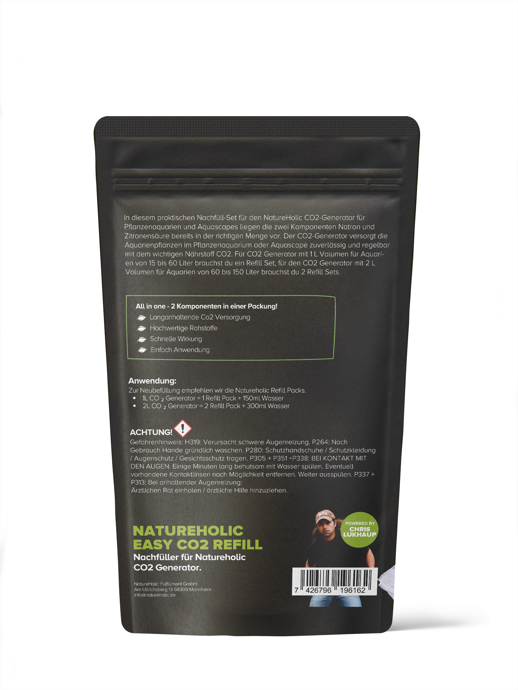Rückseite der NatureHolic Easy CO2 Refill Nachfüllpackung für CO2-Generatoren, schwarzer Standbeutel mit Anwendungshinweisen, Warnhinweisen, Produktname, Mengenangaben, Barcode und kleinem Foto