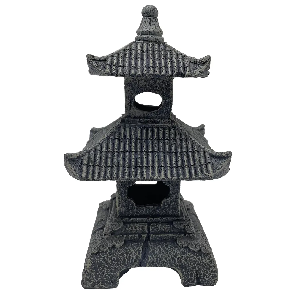 Hobby Senso Temple Aquarium-Deko: Asiatischer Polyresin-Tempel mit gestuften Dächern, moosiger Oberfläche und Öffnungen als Versteck für Fische und Garnelen, 11 × 11 × 19 cm