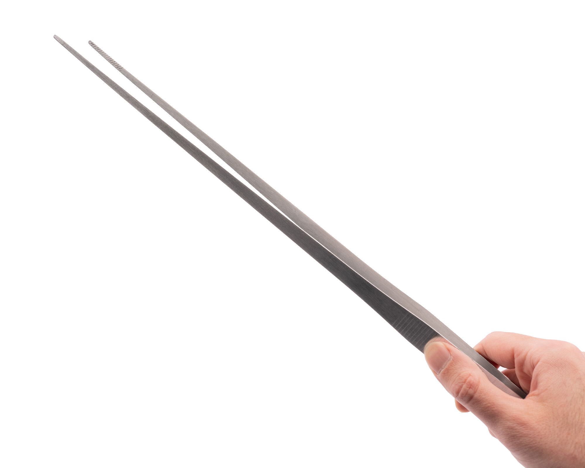 Hand hält lange, spitze Pinzette aus Edelstahl