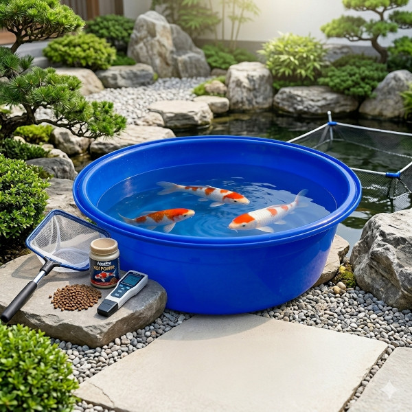 Blaues rundes Becken mit drei Koi im Garten, daneben Kescher, Koi-Futter, Pelletprobe und digitales Wassertestgerät auf Steinplatten