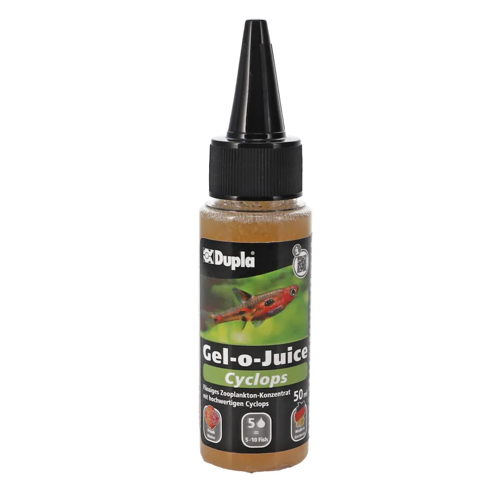 Flasche Dupla Gel-o-Juice Cyclops 50 ml, Flüssigfutter mit Ruderfußkrebsen (Cyclops) für Jungfische und Garnelen; braune gelartige Flüssigkeit in Plastikflasche mit schwarzer Tropfspitze und Fisch-Etikett