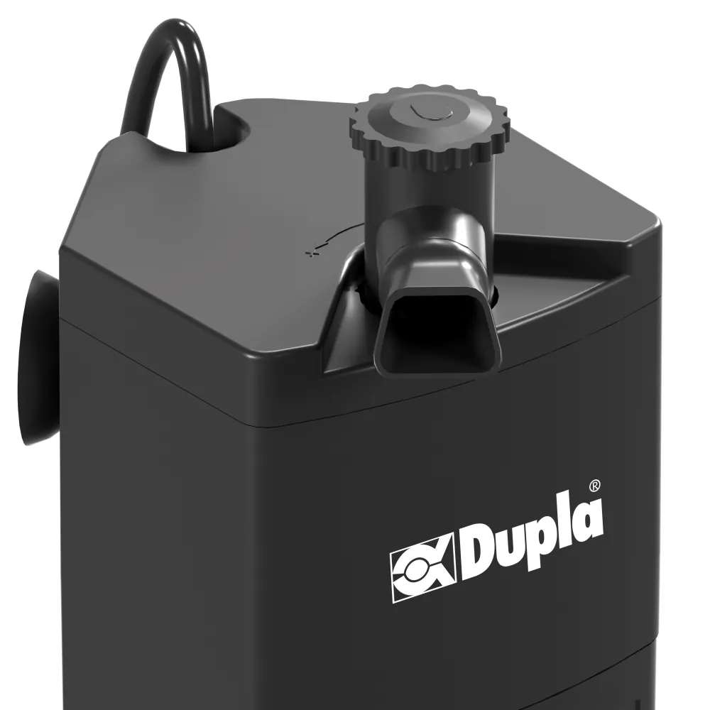 Nahaufnahme einer schwarzen Dupla Aquarien-Luftpumpe mit rechteckigem Auslass, Drehregler und Markenlogo